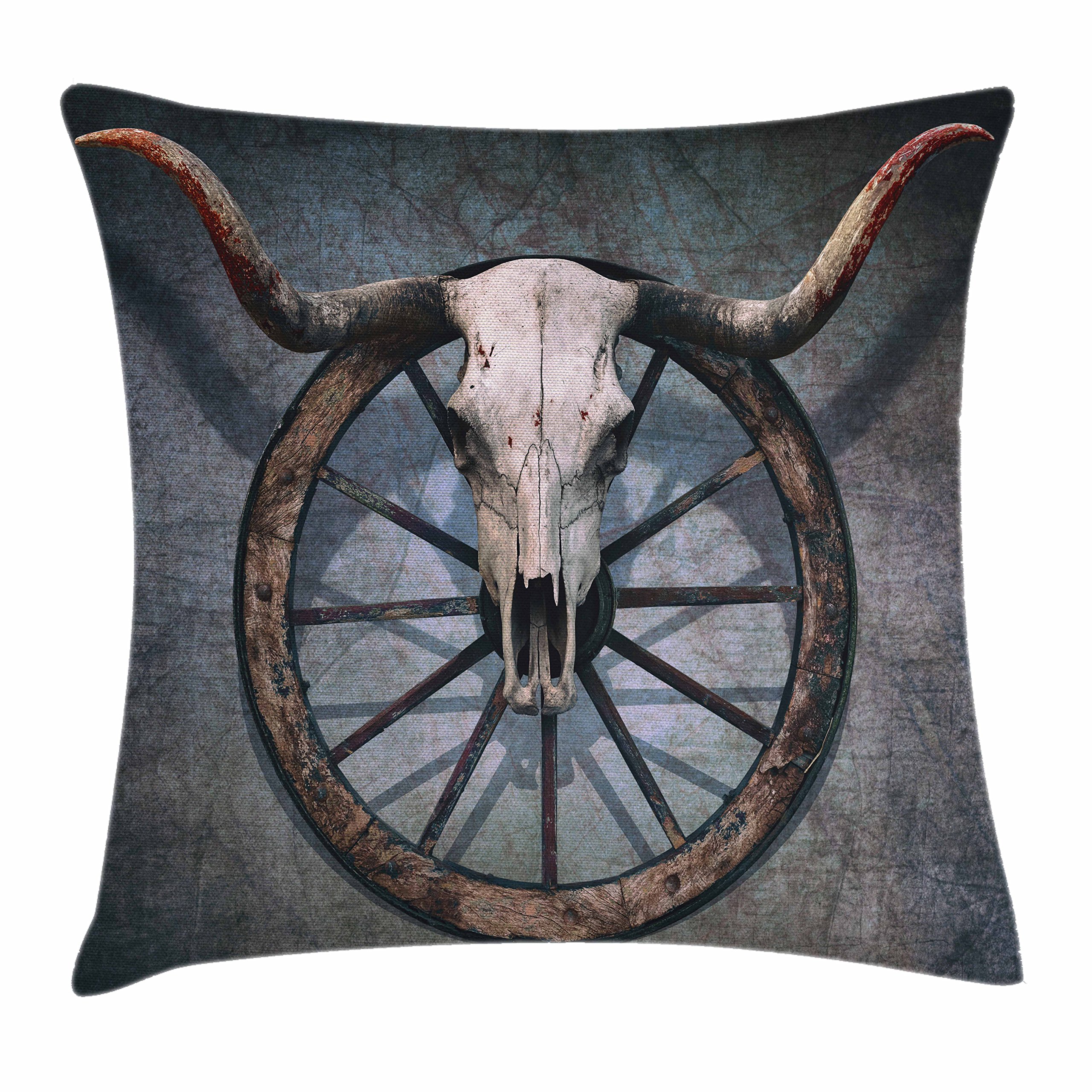 Ambesonne Wild West Themed Barn Wood Wagon Wheel Throw Pillow Cover 36x36 Inches - Bull Skull & Cart Wheel Design, Decorative Square Accent Pillow Case for Western Home Decor, Living Room, Bedroom, or Cabin