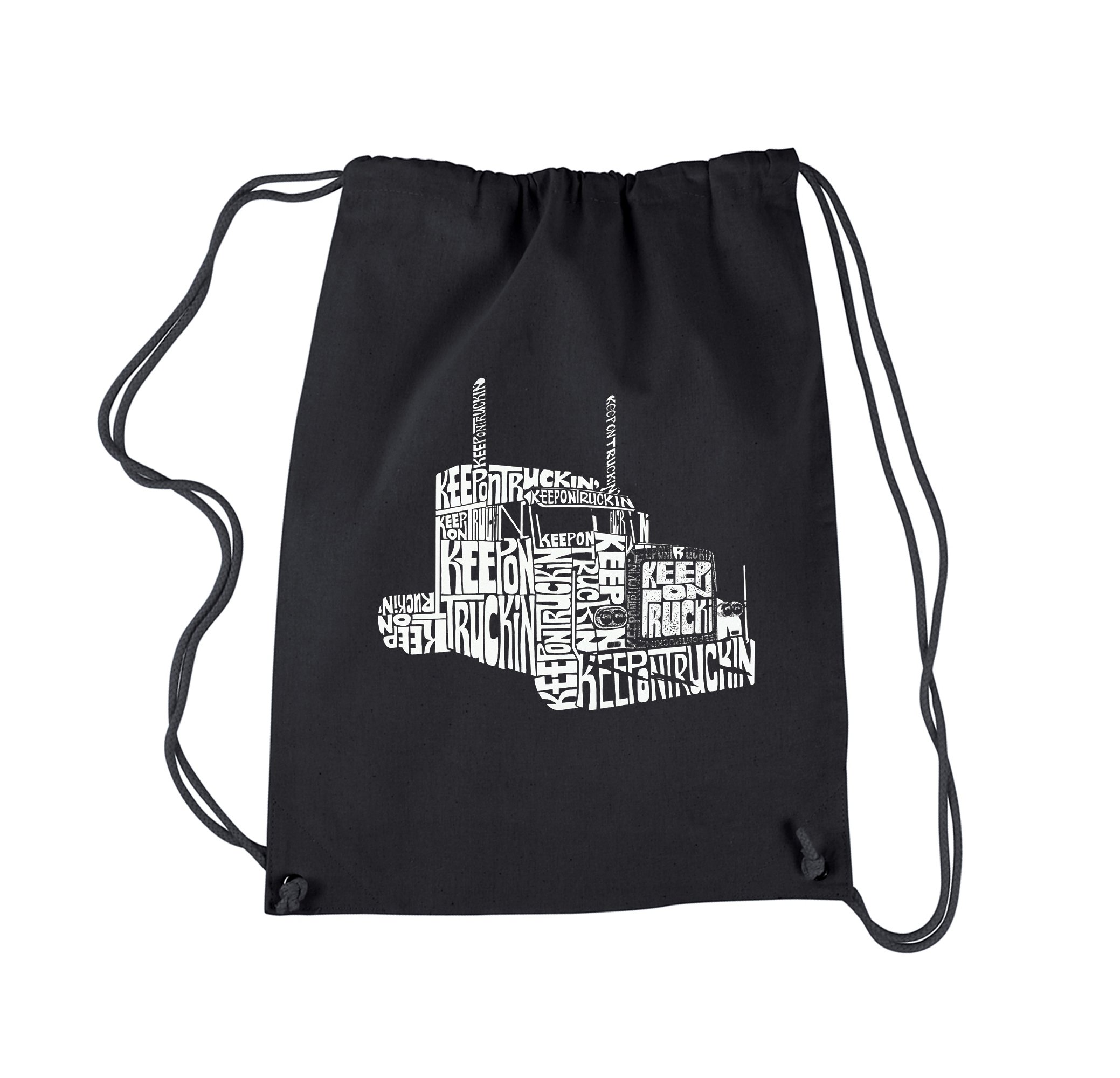 LA POP ART Drawstring Word Art Backpack - Keep ON Truckin' - Black | Trendy Casual Daypack for School, Work & Travel | Lightweight & Durable