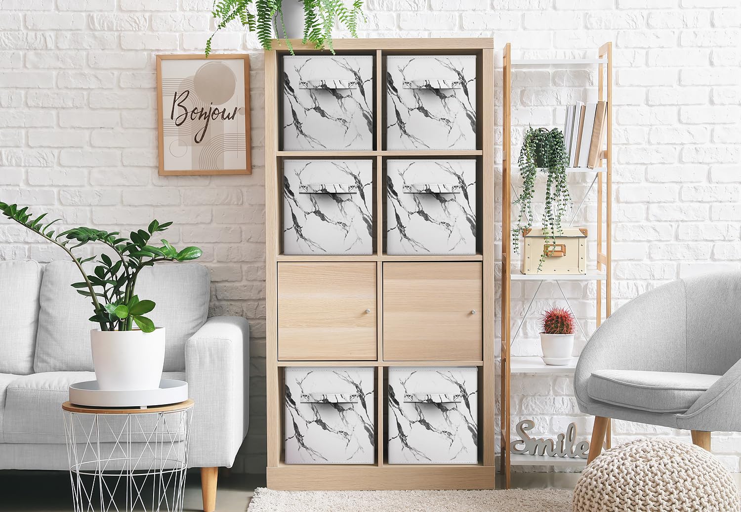 Sorbus Collapsible Storage Bins - Set of 4 White Marble Fabric Storage Cubes with Handles (11 Inch) - Foldable Organizing Baskets for Pantry, Closet, Nursery, Dorm Room & Toy Storage - Perfect for Home Organization and Space Saving Solutions