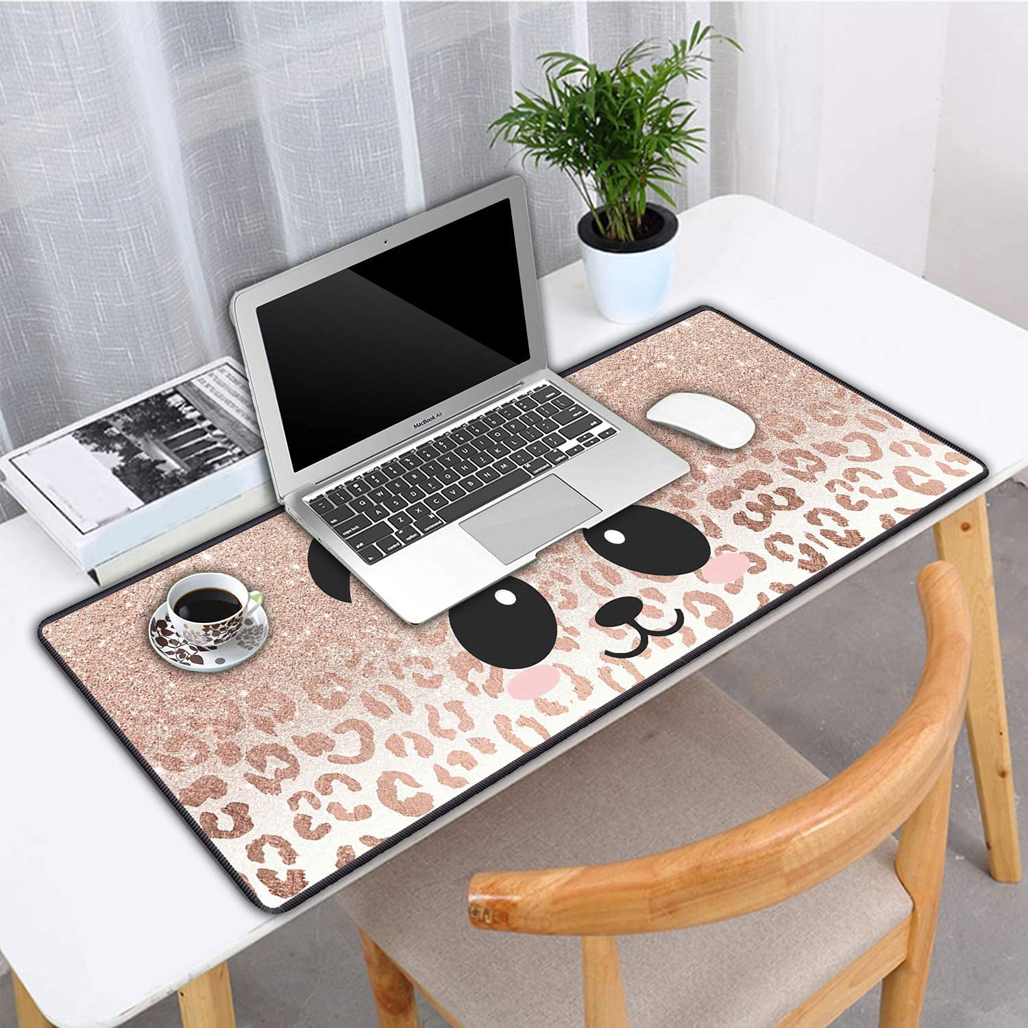 XXL Large Gaming Mouse Pad - Extended Ergonomic Computer Desk Mat with Non-Slip Rubber Base, Thick Keyboard Cover & Cup Coaster (Panda Face Leopard Star Design) - Perfect for Gaming, Office Work & Home Computer Setup
