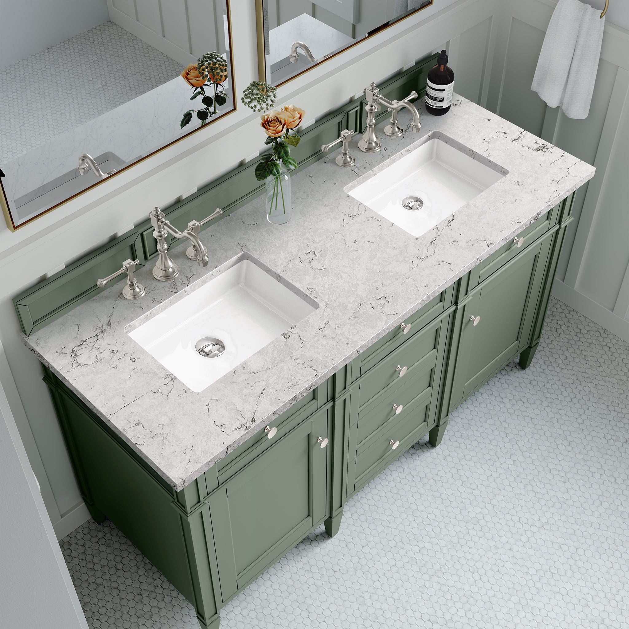 Brittany 60-Inch Double Bathroom Vanity in Smokey Celadon with 3CM Eternal Jasmine Pearl Countertop - Perfect for Master Bathroom Renovation & Luxury Home Upgrade