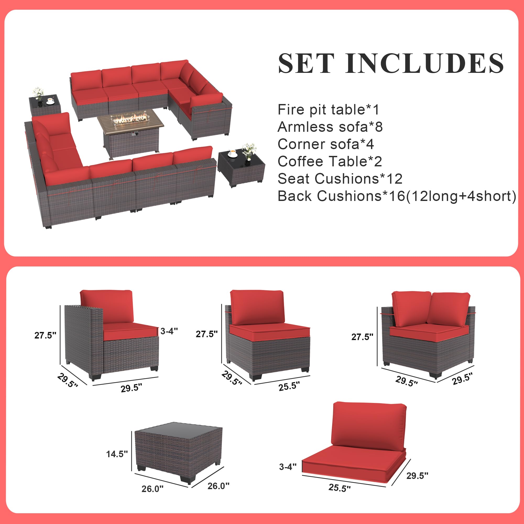Gotland 15-Piece Outdoor Patio Furniture Set with 43-inch Gas Fire Pit Table - 55,000 BTU Auto-Ignition Sectional Sofa Set with Glass Wind Guard - Perfect for Backyard, Garden, Poolside & Outdoor Entertaining