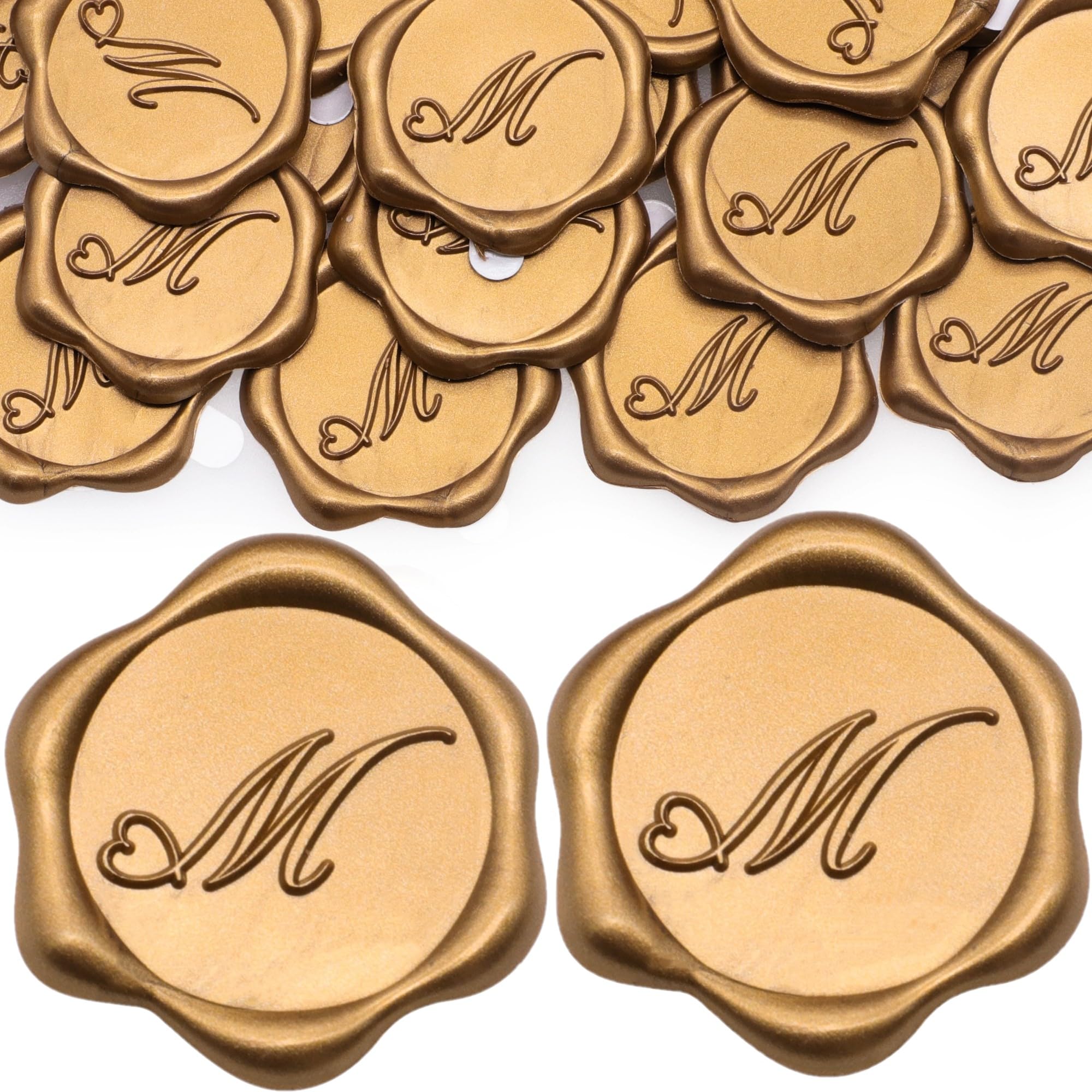 SWANGSA 50 Pack Letter M Wax Seal Stickers - Antique Gold Heart Design Initial Adhesive Wax Seals for Wedding Invitations, Party Envelopes & DIY Scrapbooking | Elegant Stationery Seals for Letters, Greeting Cards & Gift Wrapping