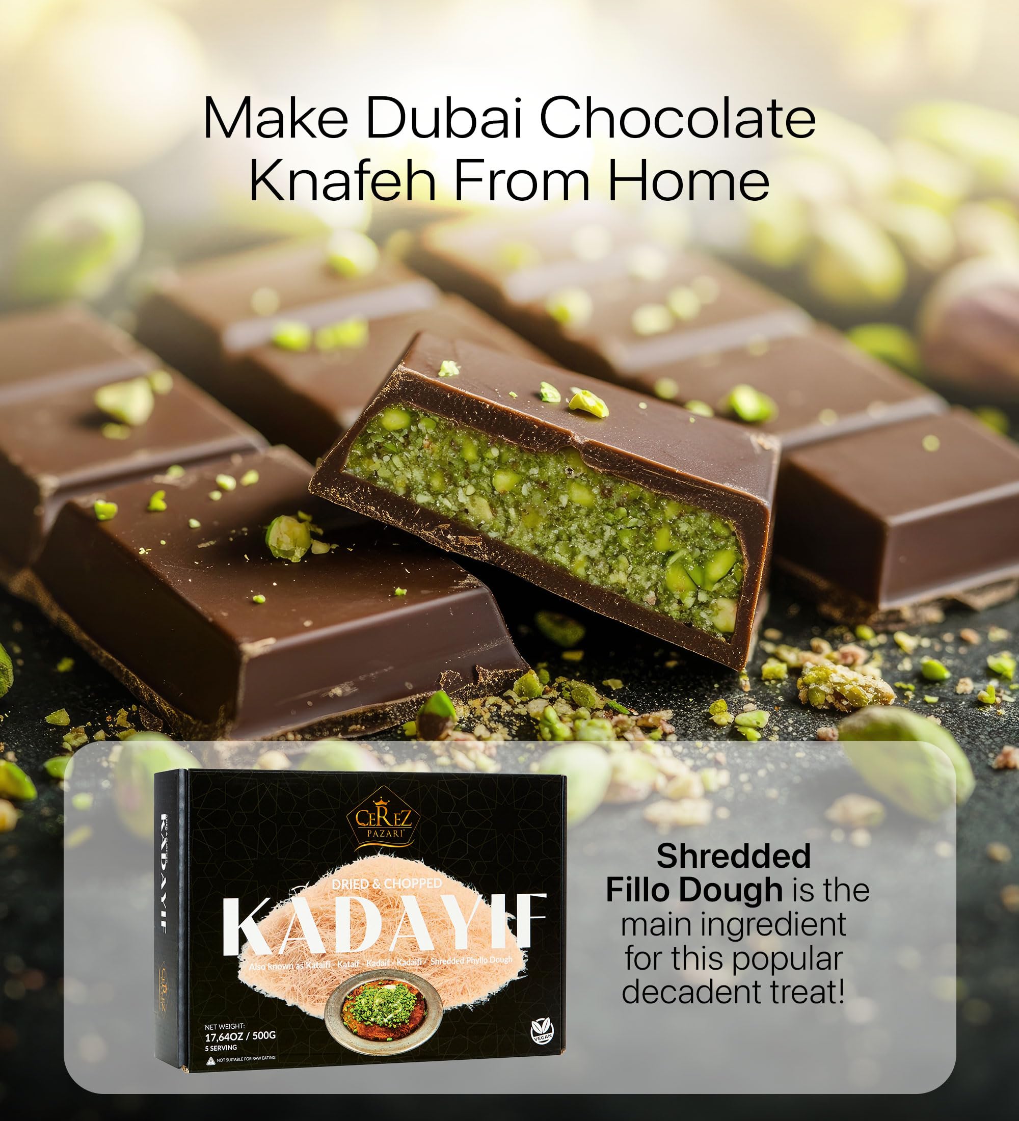 Premium Kataifi Shredded Phyllo Dough (1.1 lb) - Authentic Middle Eastern Pastry for Kunafa, Knafeh & Baklava - Perfect for Dubai Chocolate Bars, Pistachio Desserts & Sweet Treats - Raw, Dried & Ready to Use for Home Baking & Restaurant Recipes