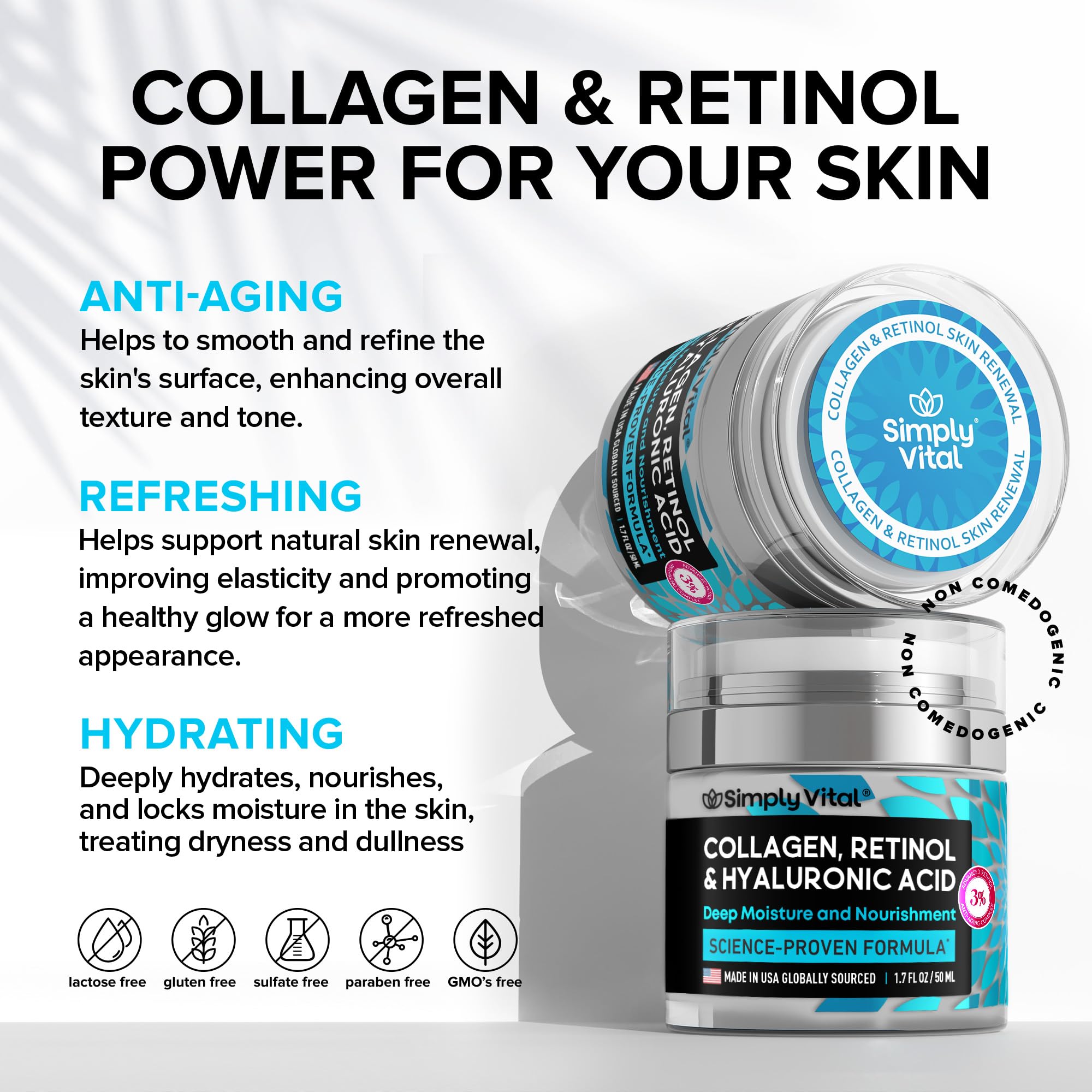 SimplyVital Collagen Face Moisturizer with Retinol & Hyaluronic Acid - Anti-Aging Cream for Face, Neck & Décolleté - Made in USA, Daily Hydrating Moisturizer (2-Pack) - Perfect for Nighttime Skincare Routine & Wrinkle Reduction