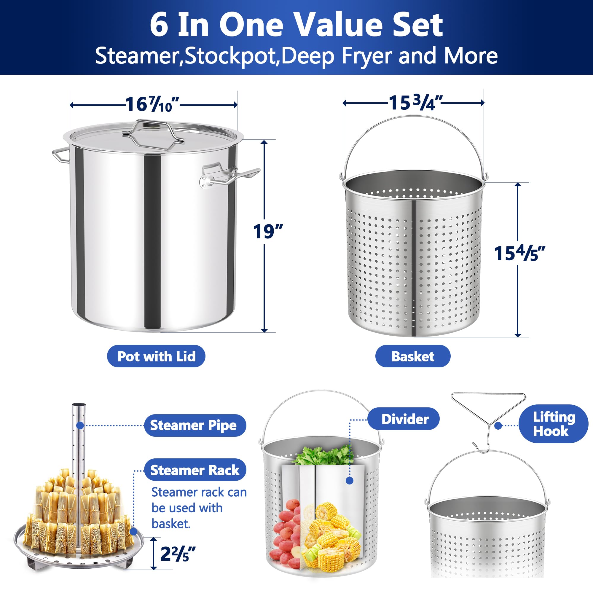 84QT Stainless Steel Propane Fryer Pot with 200,000BTU Burner - Seafood Boil, Crab, Lobster, Shrimp Cooker & Tamale Steamer with Basket - Perfect for Outdoor Cooking, Backyard Parties, and Large Gatherings