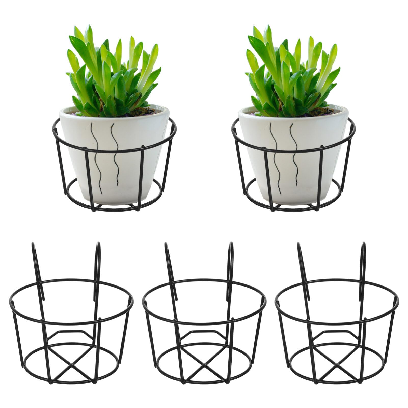 5-Piece Round Metal Hanging Planter Rack - Black Iron Wall Mounted Flower Pot Holder for Balcony, Garden & Fence Decor - Perfect for Hanging Plants, Herbs & Small Flowers