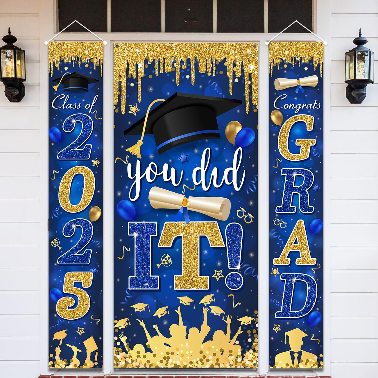 Blue and Gold Graduation Decorations for Class of 2025 - Congrats Grad Banner & You Did It Door Cover - High School & College Party Supplies - Perfect for Graduation Ceremonies, Parties & Photo Backdrops