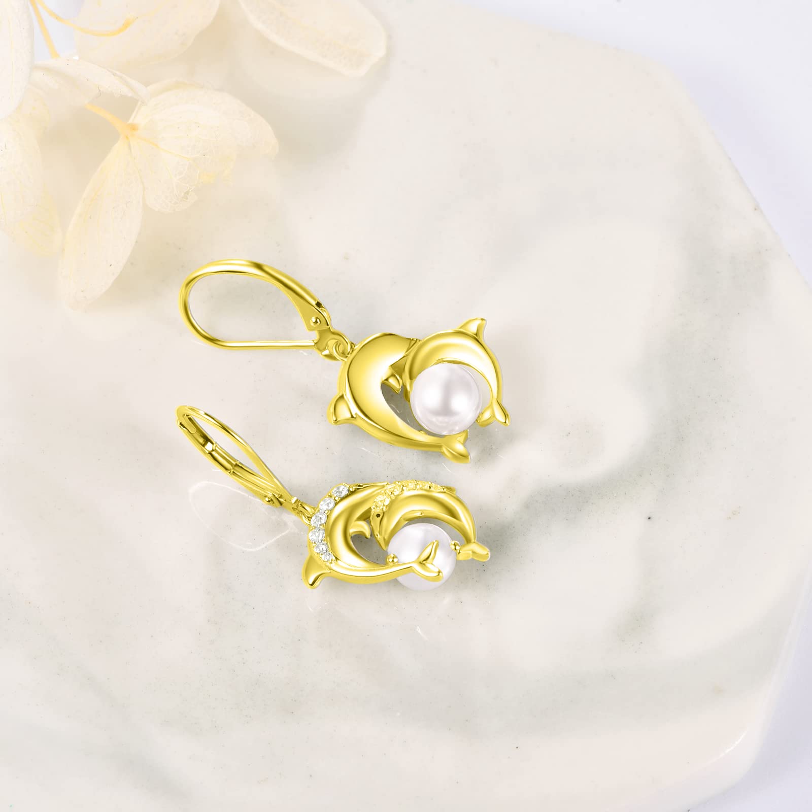 AENEAS Sterling Silver Dolphin Pearl Drop Dangle Earrings for Women - Elegant Jewelry Gift for Her, Wife, Mom - Perfect for Beach Parties, Summer Vacations & Ocean-Themed Occasions