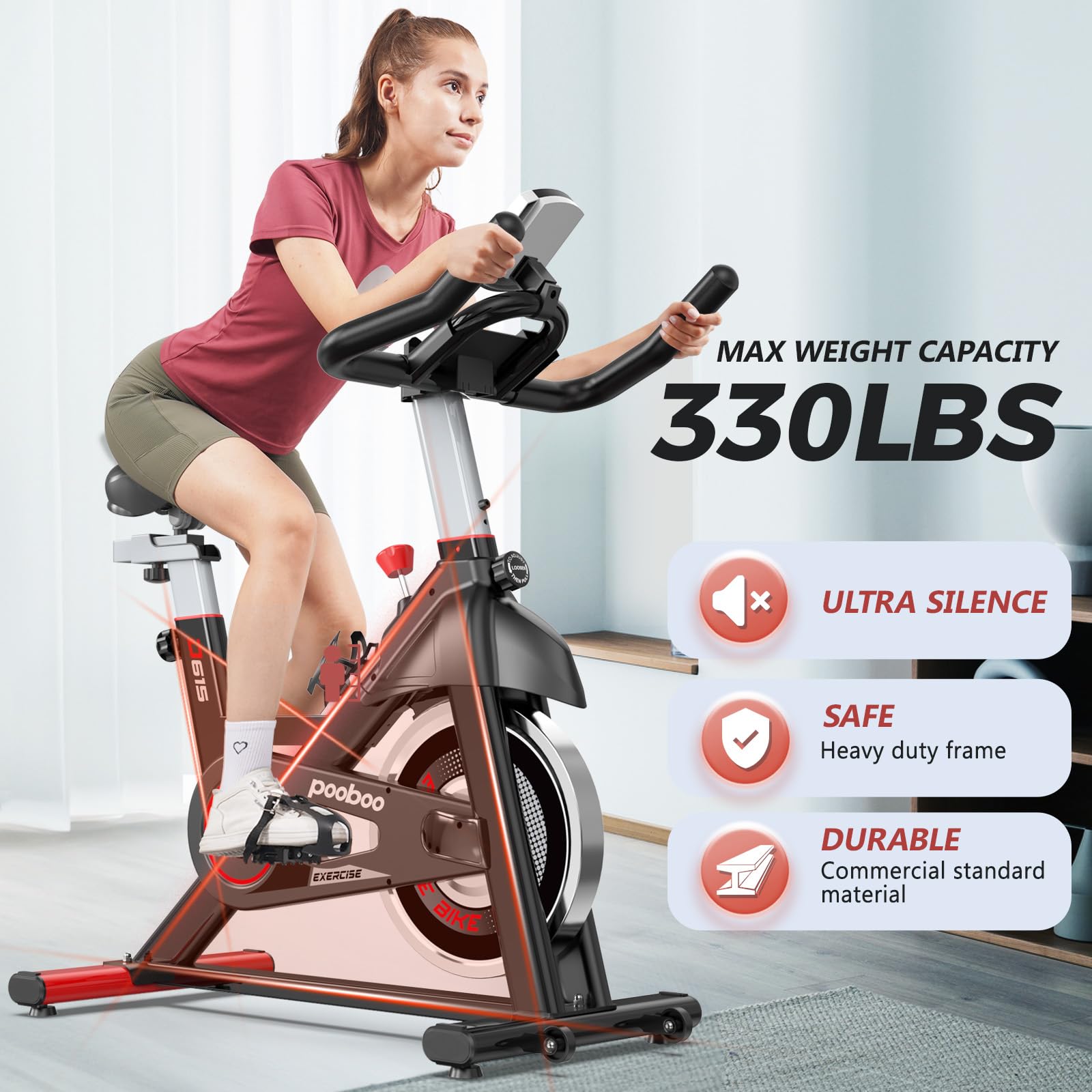 POOBOO Stationary Exercise Bike for Home Gym - Indoor Cycling Bike with Comfortable Seat Cushion & Tablet Holder - Silent Belt Drive Cardio Workout Bike for Weight Loss & Fitness Training - Perfect for Home Office, Apartment & Small Spaces