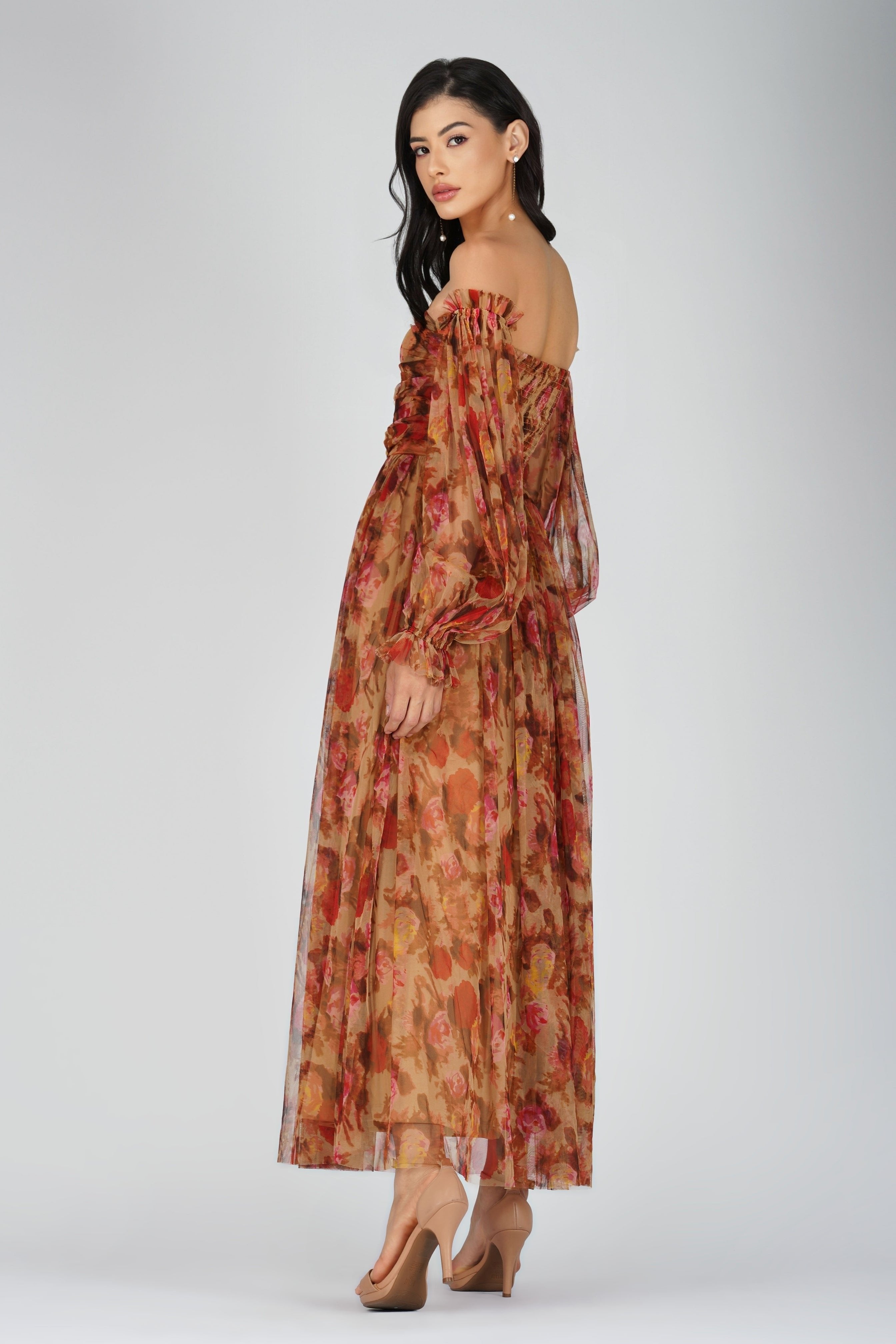 Lana Brown Floral Tulle Dress for Women - Elegant A-Line Party Gown with Lace Details - Perfect for Weddings, Prom, Cocktail Parties & Special Occasions