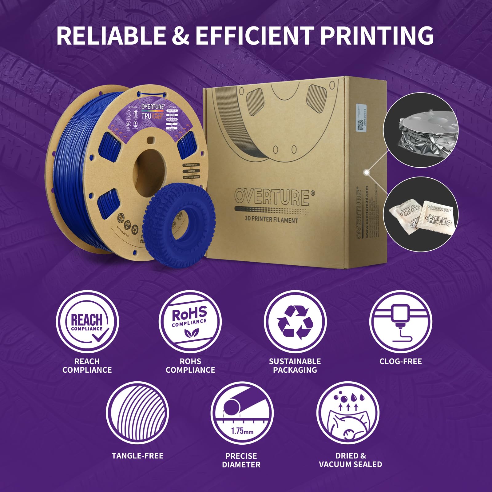 Overture TPU Filament 1.75mm Flexible 3D Printer Filament - 95A Soft, 1kg Spool (2.2 lbs) - Compatible with Most FDM Printers (Blue) - Perfect for Flexible Parts, Phone Cases, Toys & Wearable Projects