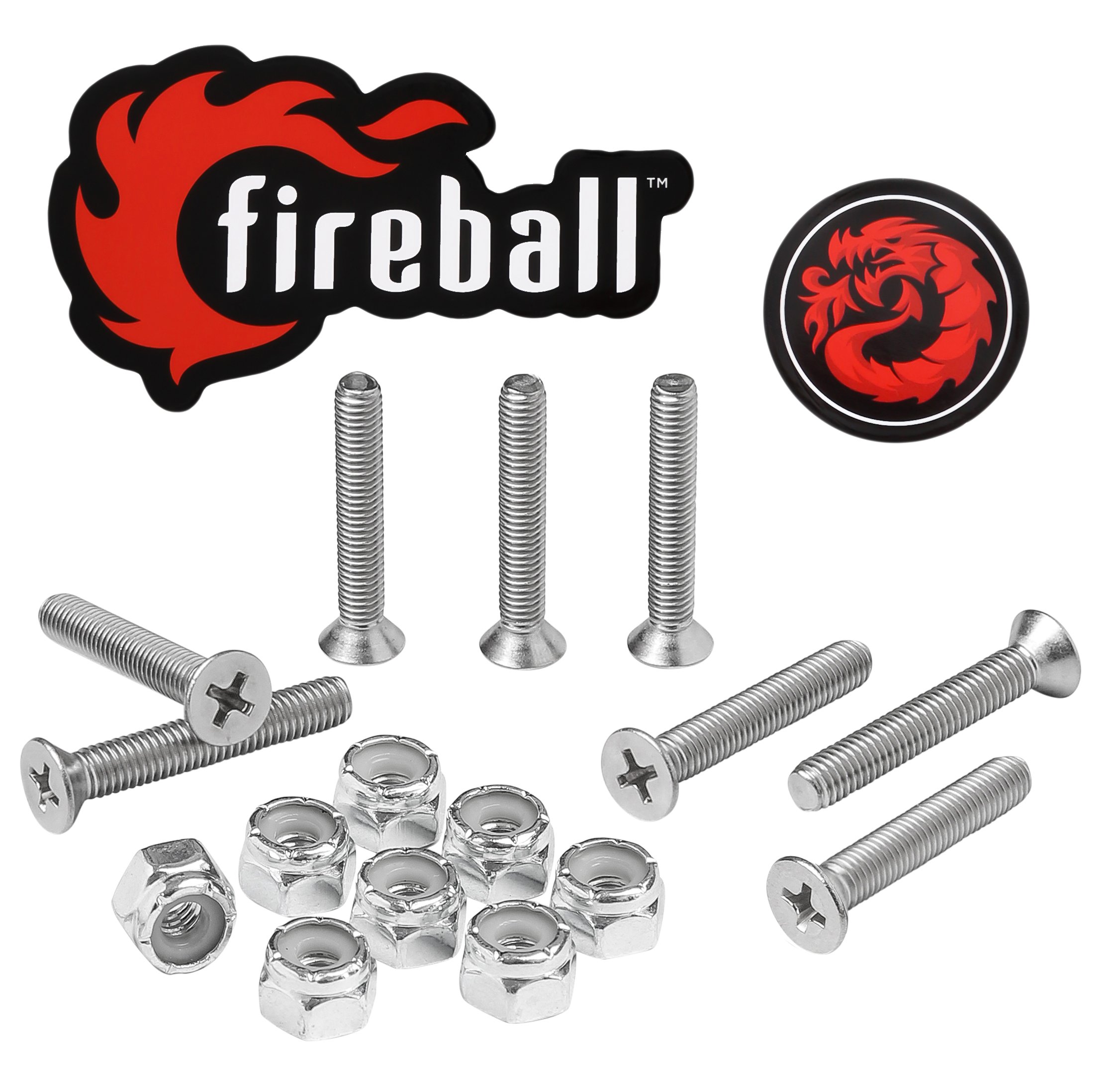 Fireball Dragon Skateboard Hardware Kit - 8 Ultra Strong Stainless Steel Mounting Screws & Nuts Set for Longboard, Cruiser & Skateboard - Durable Skateboard Bolts for Smooth Riding & Tricks at Park, Street & Ramp