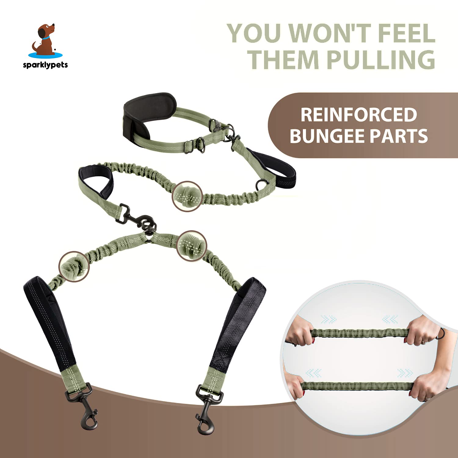 SparklyPets Hands Free Double Dog Leash for Medium & Large Breeds - No Pull Tangle-Free Dual Leash with Padded Handles & Reflective Stitching - Perfect for Walking, Running, Hiking with 2 Dogs (Green)