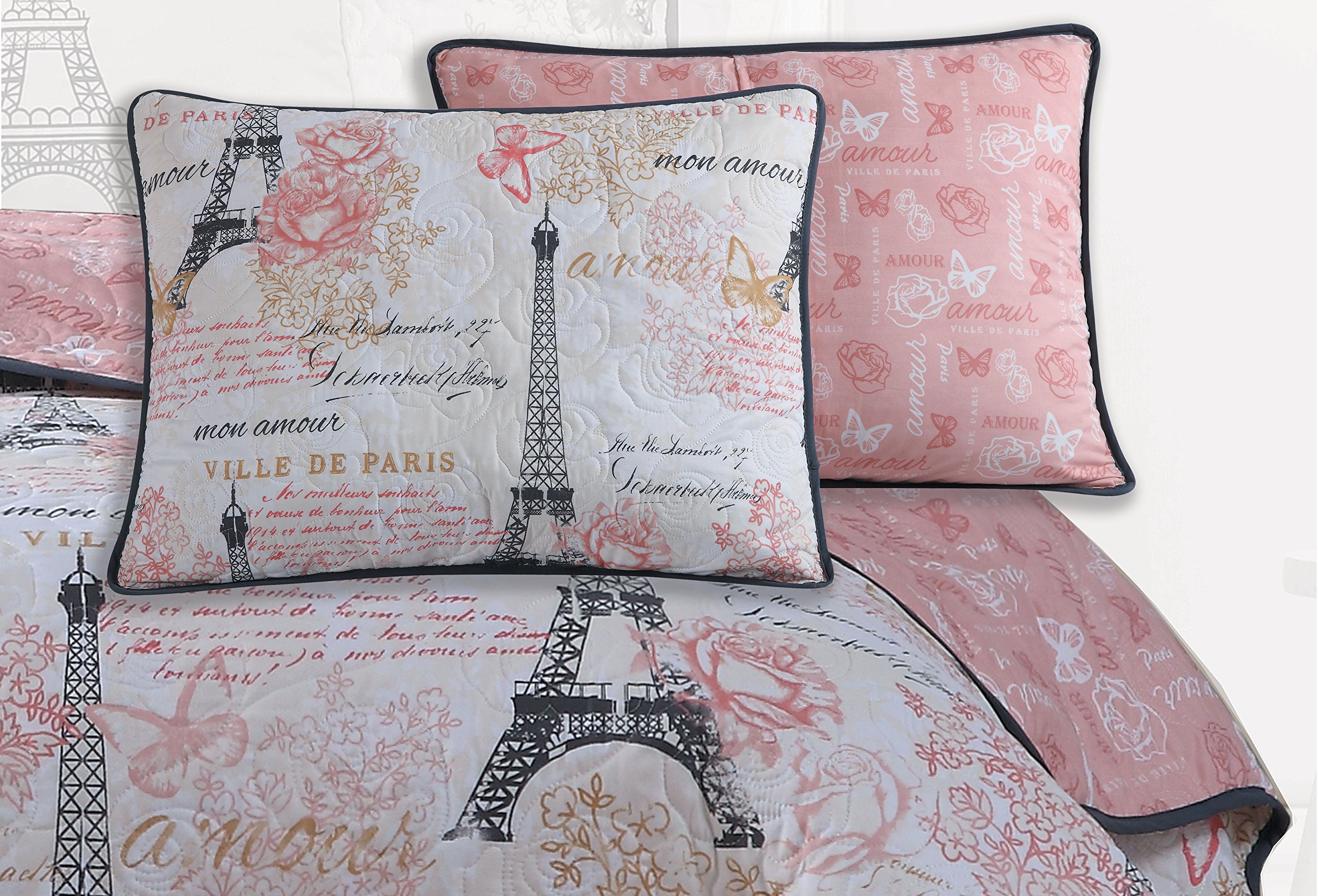 Geneva Home Fashion Amour 4-Piece Parisian Reversible Quilt & Throw Pillows Set - Twin Size, Soft Pink Bedding for Cozy Bedroom Decor | Perfect for Guest Rooms, Dorm Essentials & French-Inspired Home Styling
