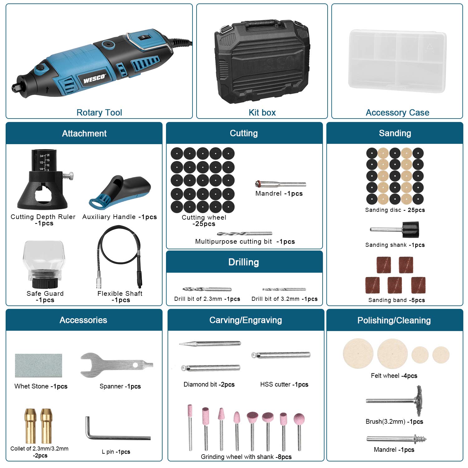 **WESCO 7-Speed Rotary Tool Kit with 82 Accessories (8000-35000 RPM) - Flexible Shaft for Cutting, Carving, Engraving, Polishing & Sanding - Perfect for DIY Projects, Jewelry Making & Home Repairs**