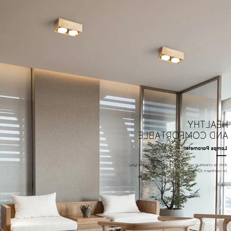 Square Double Lights Wooden Flush Ceiling Lights - Modern Farmhouse Lighting for Bedroom, Living Room, Kitchen & Dining Room - Warm White LED Fixture