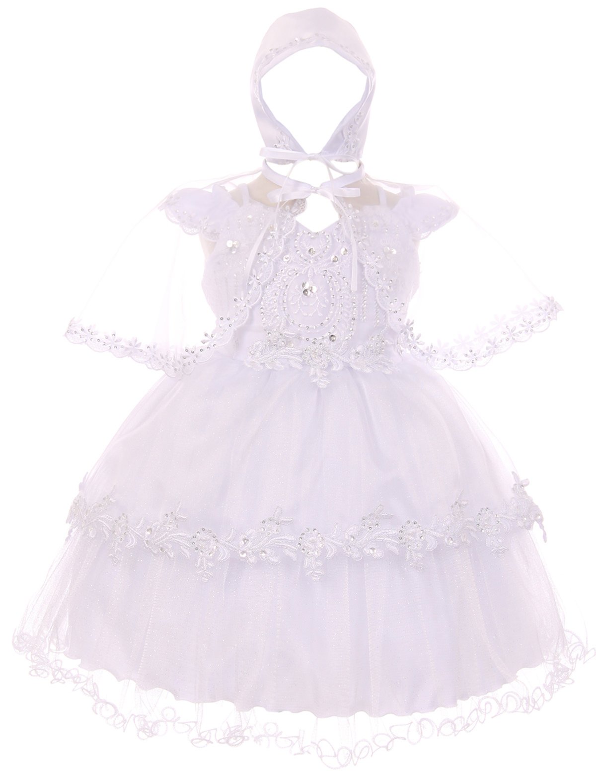 Baby Girls Organza Tulle Bonnet & Cape Set - Christening & Baptism Dresses 0-24 Months - Perfect for Newborn Photoshoots, Church Ceremonies & Special Occasions
