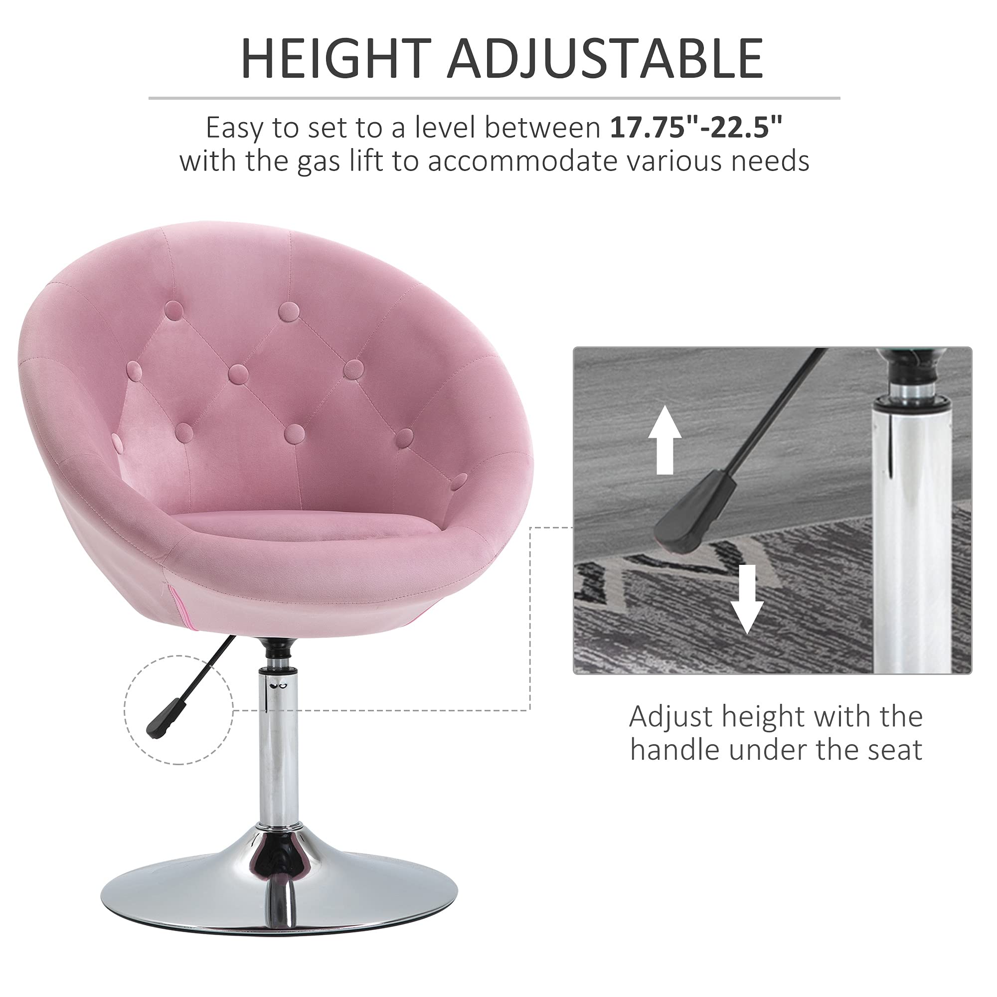 HOMCOM Modern Makeup Vanity Chair - Round Tufted Swivel Accent Chair with Chrome Frame, Height Adjustable - Pink Velvet Upholstery for Bedroom, Living Room, Dressing Room | Perfect for Makeup, Reading & Relaxing