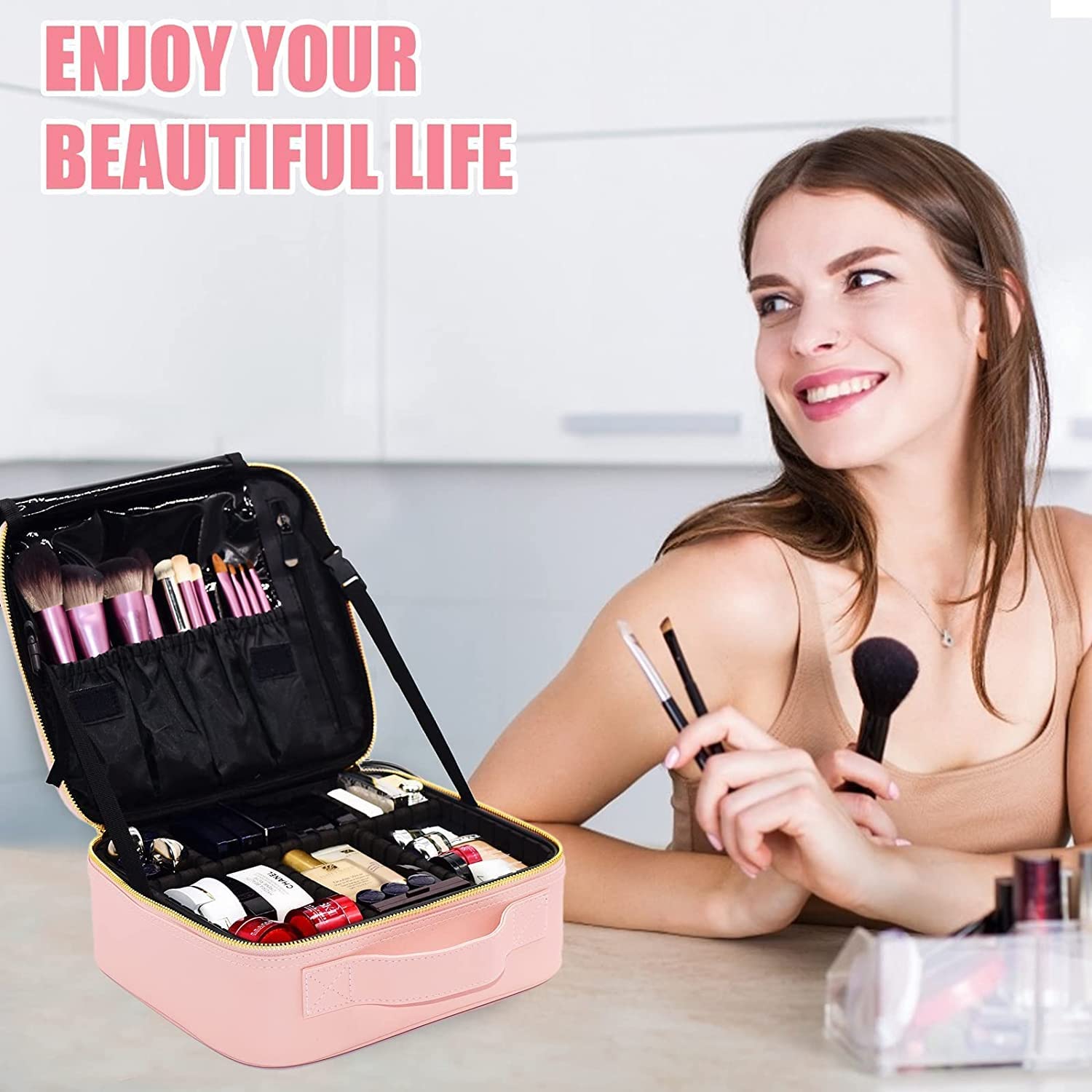 GOCART with G Logo Nylon Cosmetic Bag - Travel Makeup Organizer for Women, Waterproof Toiletry Pouch for Makeup Brushes & Skincare (Perfect for Vacation, Gym, Business Trips)