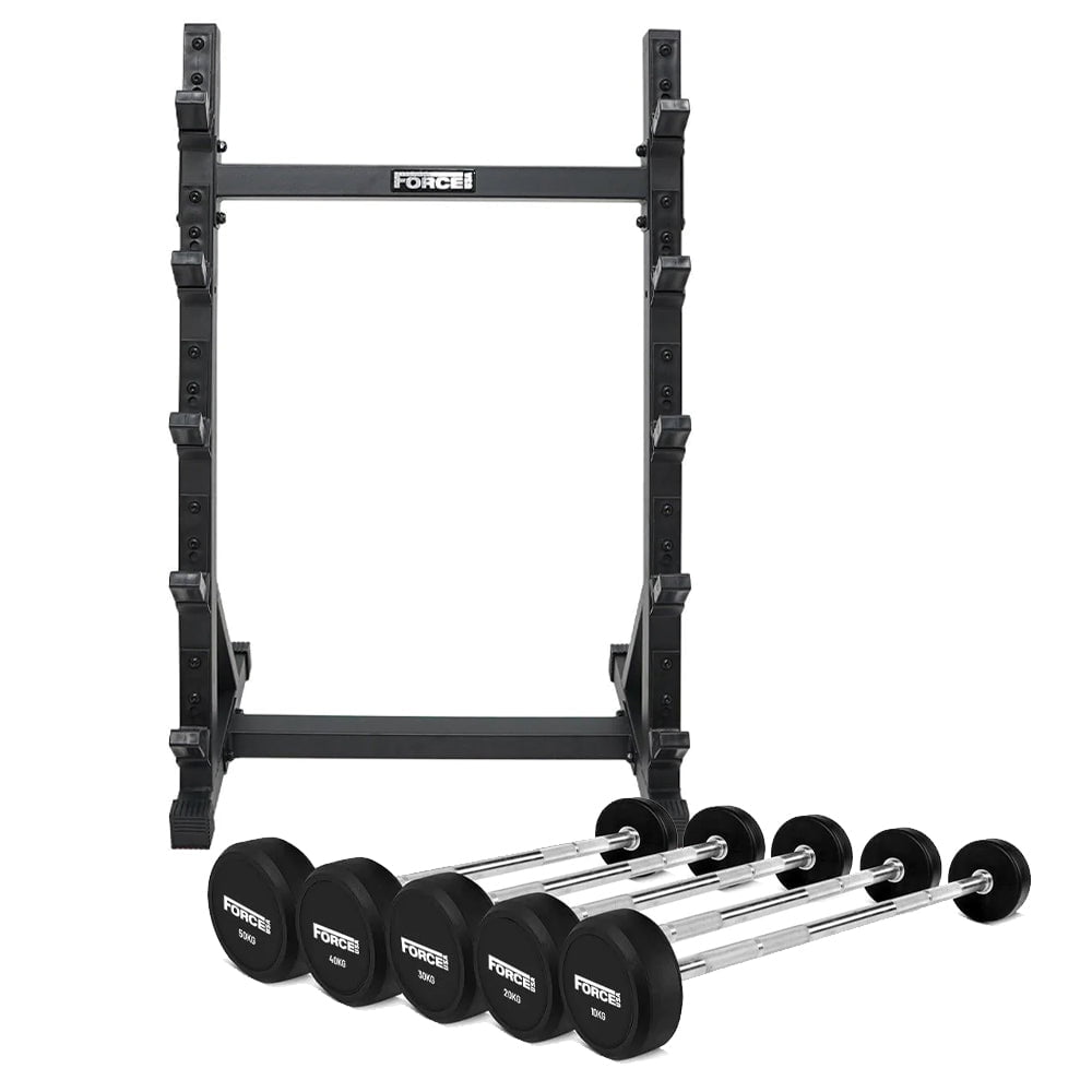 Force USA Fixed Straight Barbell Set with Stand - Olympic Weight Lifting Bar for Home Gym, Strength Training & CrossFit Workouts