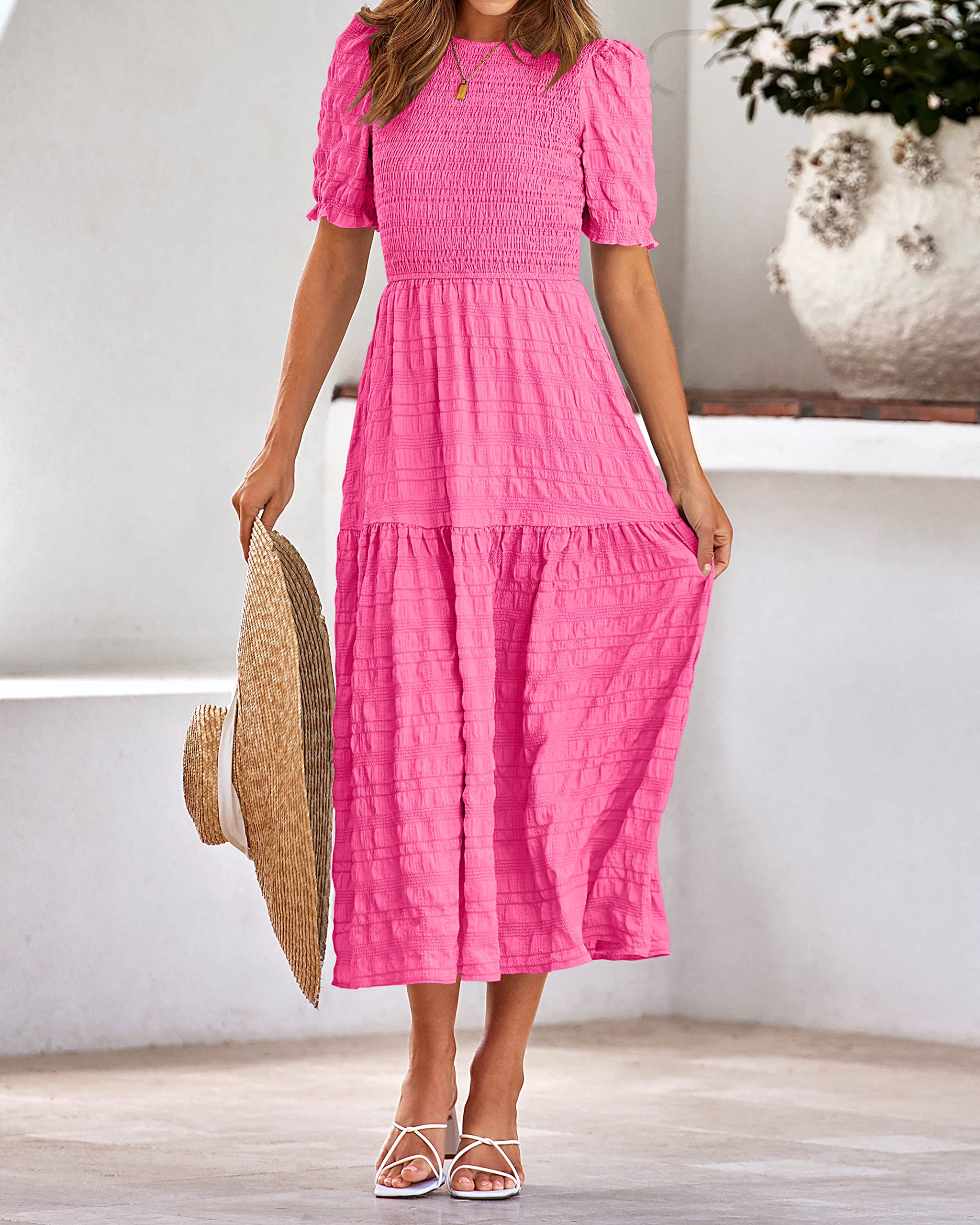 Dowerme Women's Summer Dresses 2025 - Casual Puff Short Sleeve Crewneck Smocked Flowy Ruffle Boho Maxi Sundress for Beach, Party & Vacation | Lightweight Comfortable Dress for Outdoor Activities