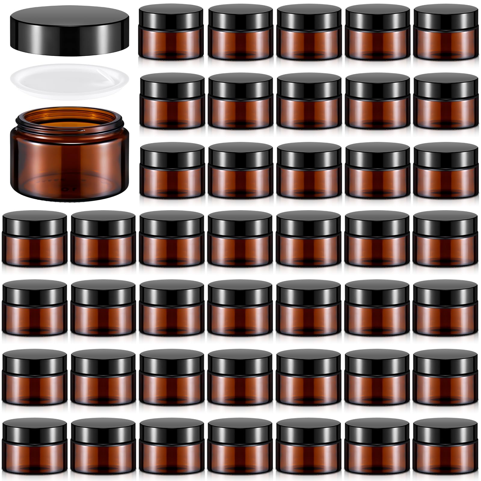 Domensi 60-Pack 1oz Amber Glass Jars with Black Lids - Small Cosmetic Containers for Salves, Lotions, Creams & Travel-Size Candles - Includes Inner Liners for Leak-Proof Storage (Perfect for DIY Beauty Products, Sample Packaging & Home Spa Organization)