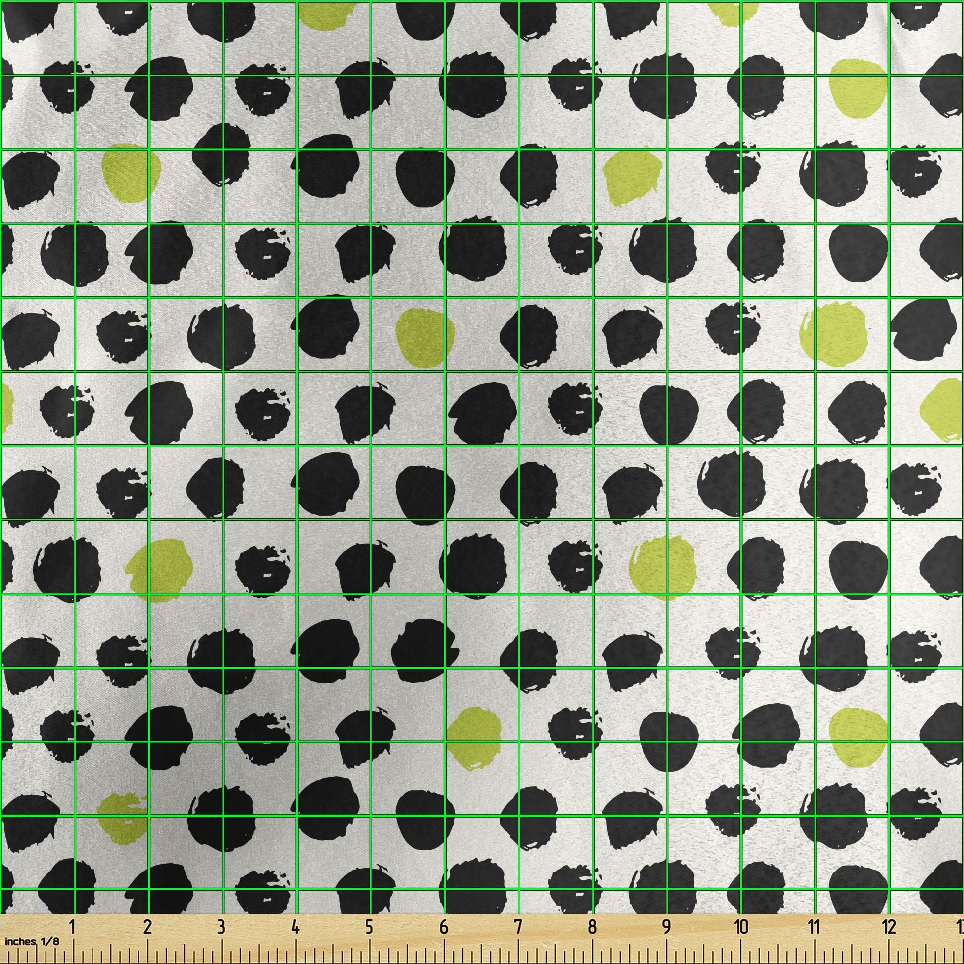 Lunarable Abstract Hand Drawn Fabric by The Yard - Formless Circular Patch Brushstroke Polka Dots Print - Decorative Satin Material for Home Textiles, DIY Crafts & Upholstery (10 Yards, Black Cream Lime Green) - Perfect for Curtains, Pillows, Quilting & Sewing Projects