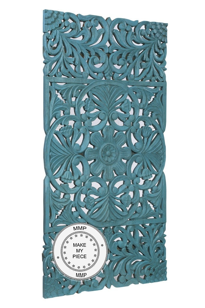 Hand Carved Indian Solid Wood Oriental Carved Panel - Blue Dynasty Artwork for Home Decor, Wall Art, and Meditation Room Accents