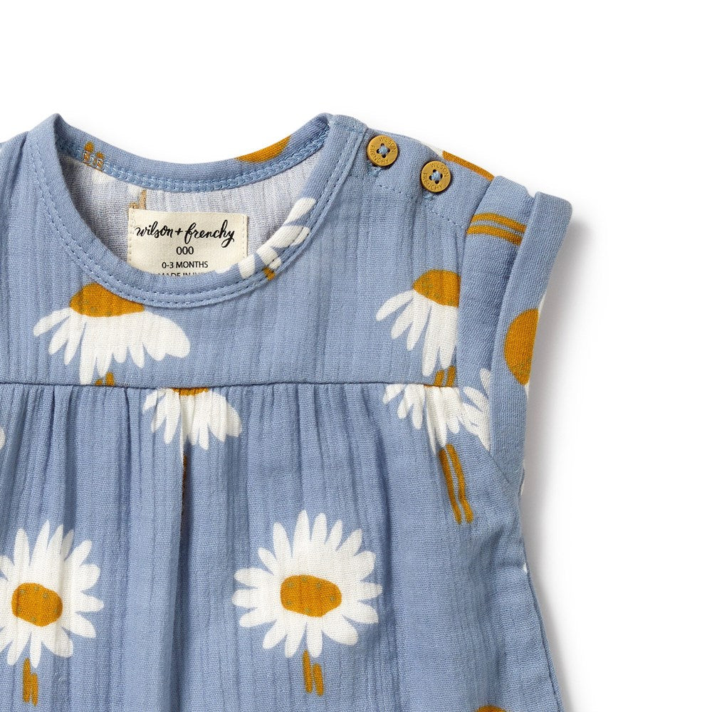 Organic Daisy Floral Crinkle Jumpsuit for Baby Girls - Soft & Breathable Romper for Playtime, Photo Shoots & Special Occasions