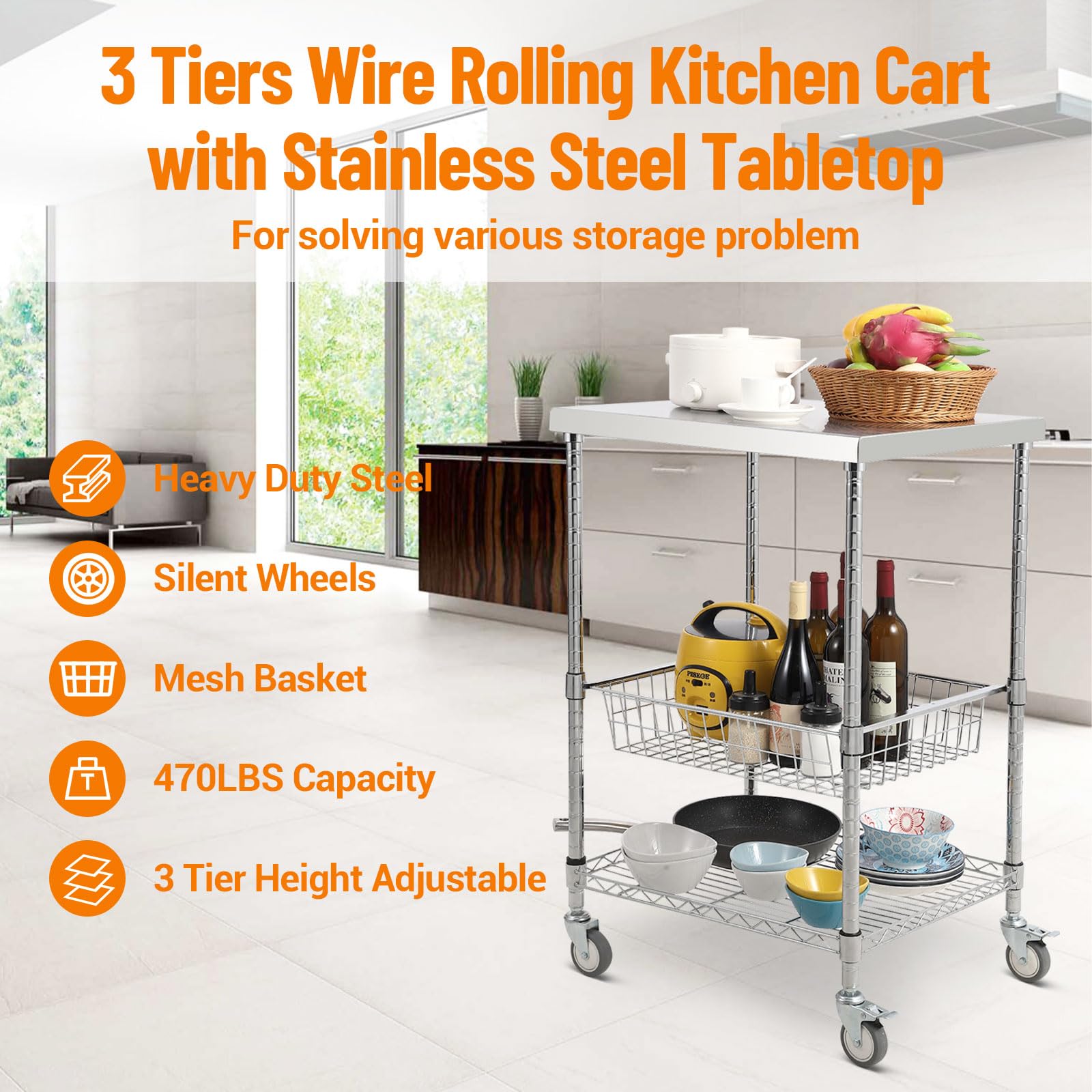 GARVEE 3-Tier Metal Wire Rolling Cart with Wheels - Sturdy Storage Organizer for Kitchen, Bathroom, Office, or Dorm Room | Mobile Utility Cart for Home Organization