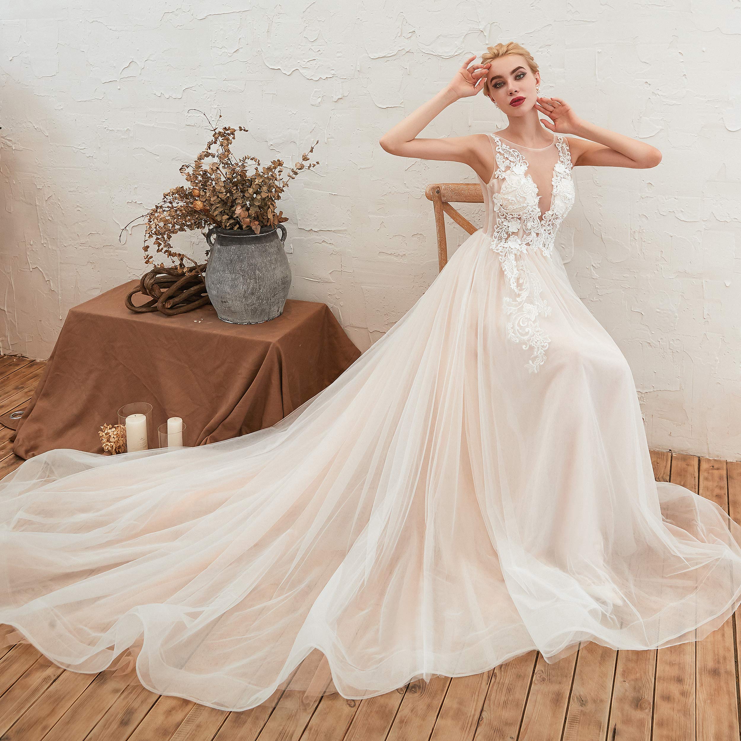 Elegant Women's Scoop Neck Beaded Applique Lace-up Beach Wedding Dress | Perfect for Beach Weddings, Destination Elopements & Boho Bridal Photoshoots