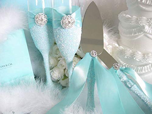 Elegant Wedding Champagne Flutes Set - 2 Crystal Toasting Glasses & 2 Cake Knives (4-Piece) - Perfect for Bridal Showers, Beach Weddings & Anniversary Gifts - White Bridal Party Accessories for Romantic Celebrations