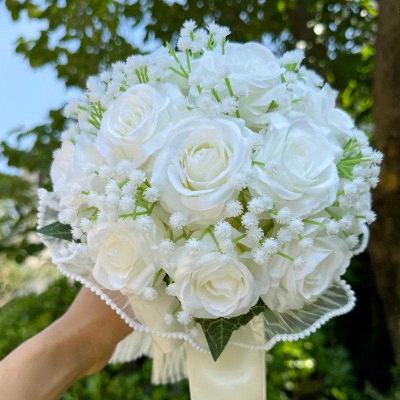 Elegant Silk Rose Bridal Bouquet with Pearl & Lace Accents - Perfect for Weddings, Bridesmaids & Anniversary Celebrations