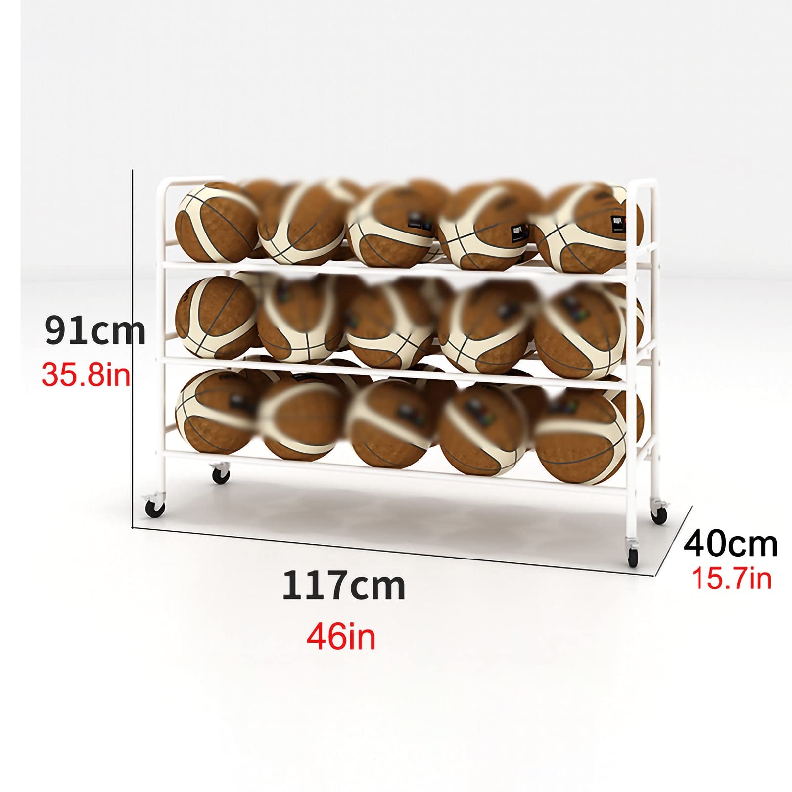 3-Tier Rolling Basketball Storage Rack - Heavy Duty Metal Sports Ball Organizer Cart for Garage, Gym or Playroom - Holds Soccer, Volleyball & Basketballs (White, 46