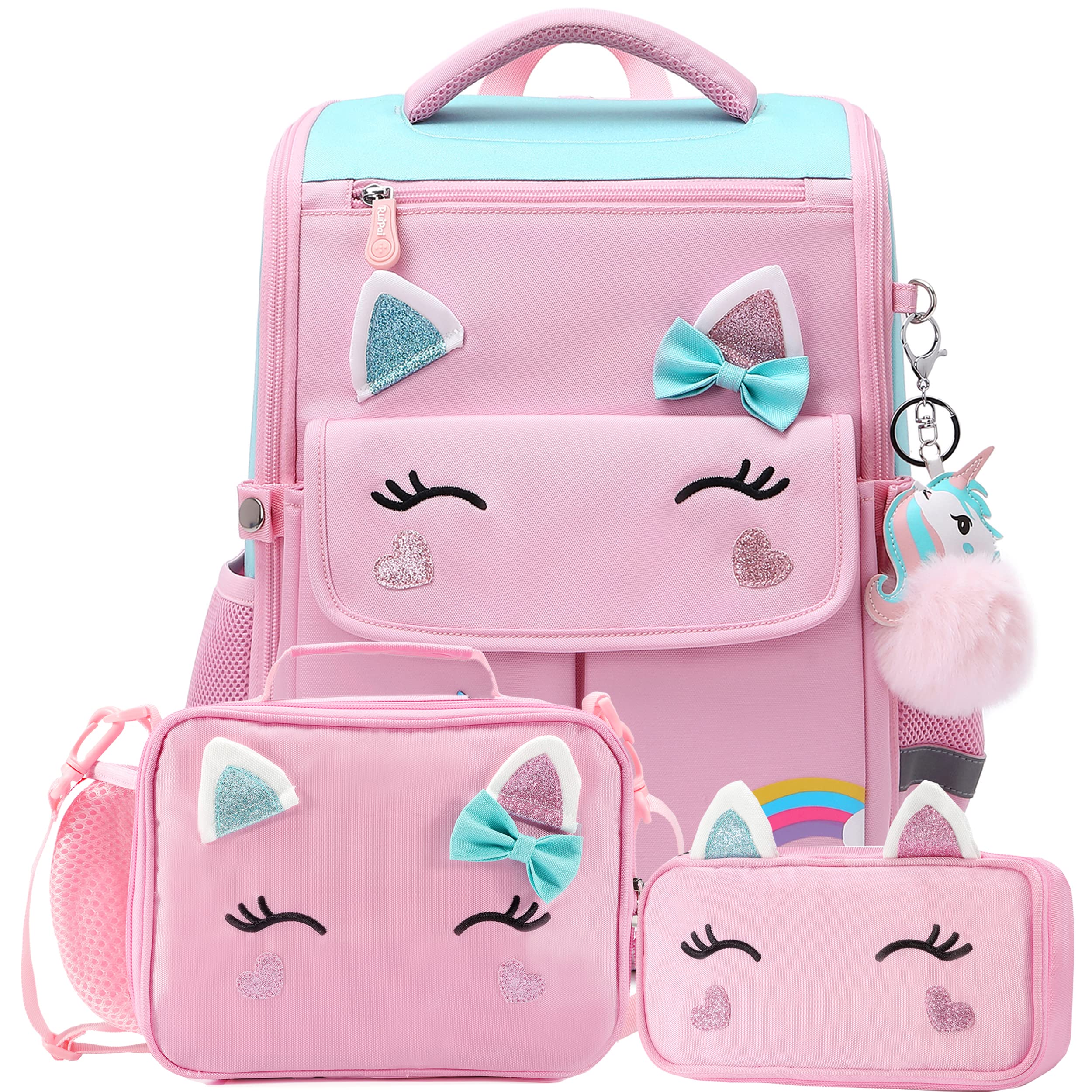 AO ALI VICTORY Unicorn Backpack for Girls with Matching Lunch Box Set - Cute Kawaii School Bag for Toddler, Kindergarten & Elementary Students (Large, Pink 3-Piece Set) | Perfect for School, Travel & Daily Adventures