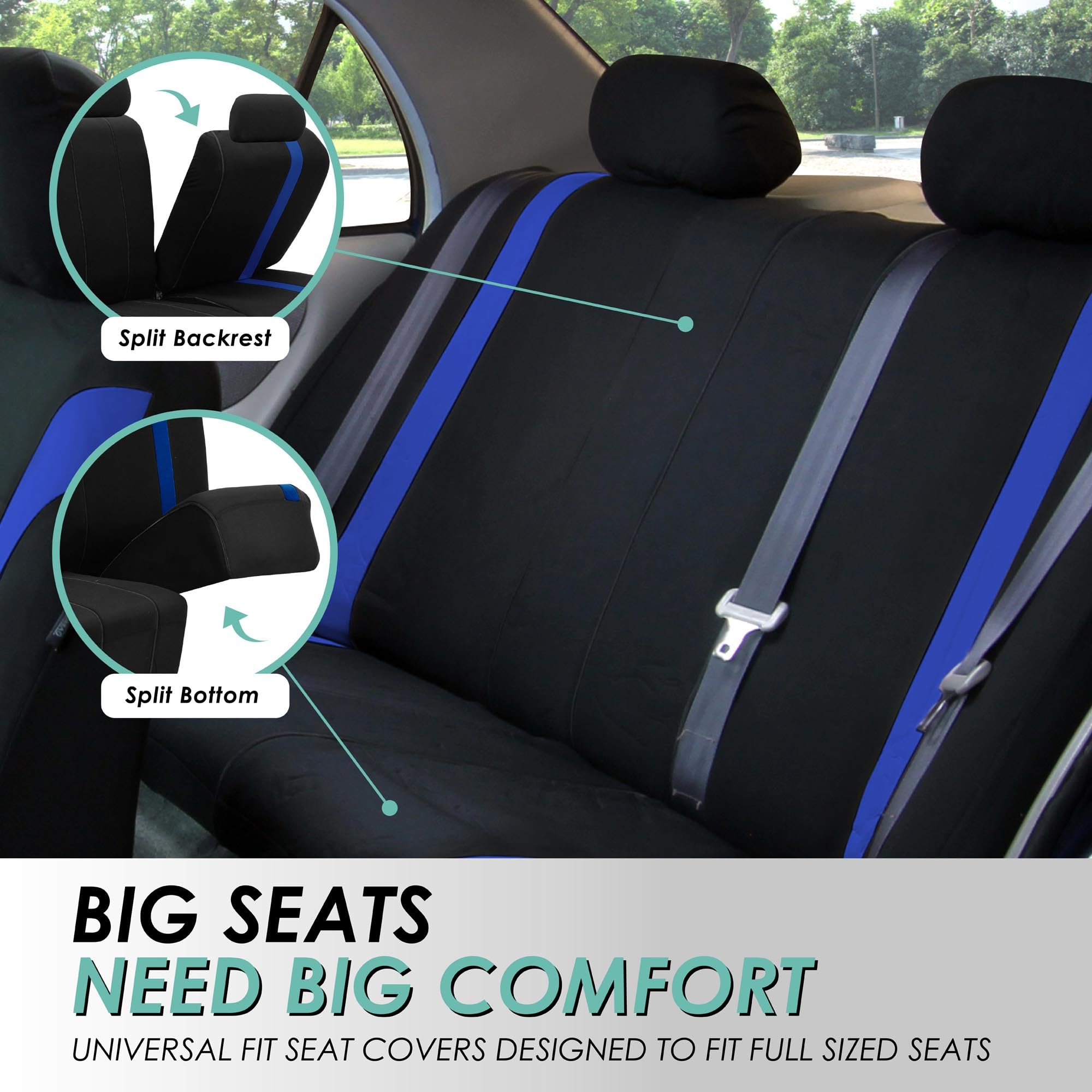 Premium FH Group Car Seat Covers Set - Universal Fit for Cars, Trucks & Vans | Blue Cosmopolitan Flat Cloth Design with Steering Wheel Cover & Seat Belt Pads | Airbag Compatible & Split Rear Design | Perfect for Daily Commute, Road Trips & Family Travel