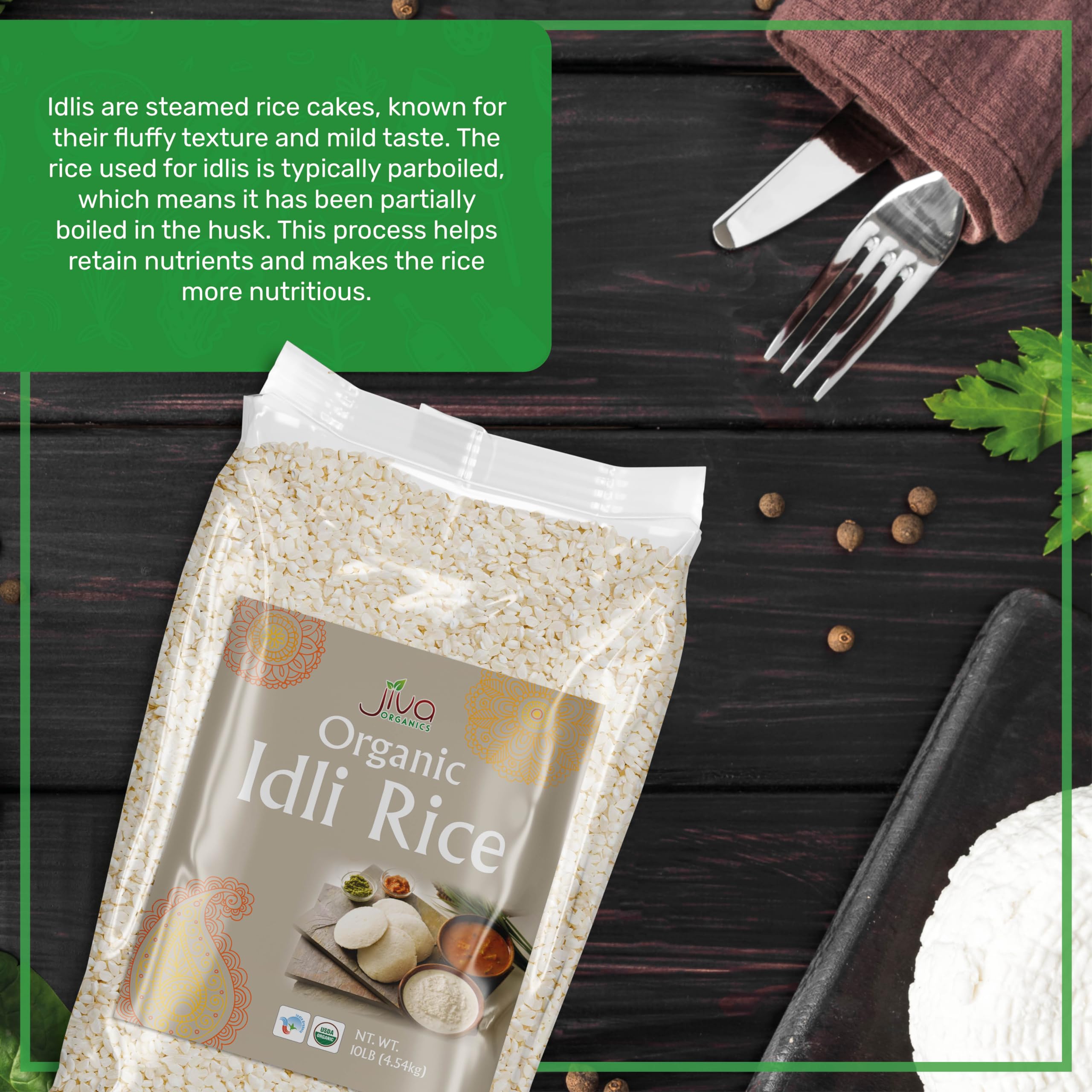 Jiva Organic Idli Rice 10 Pound Bag - Non-GMO, USDA Organic Certified, Vegan, Gluten-Free Short Grain Parboiled Rice - Perfect for Idli, Dosa & South Indian Cooking - Ideal for Breakfast, Lunch & Traditional Indian Meals