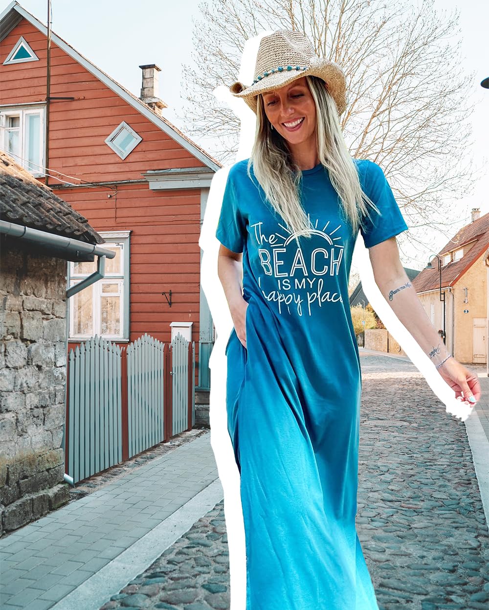 Women's Casual Summer Maxi Dress - Short Sleeve Crewneck Sundress with Side Slit & Pocket | Perfect for Beach Vacations, Date Nights & Summer Outings