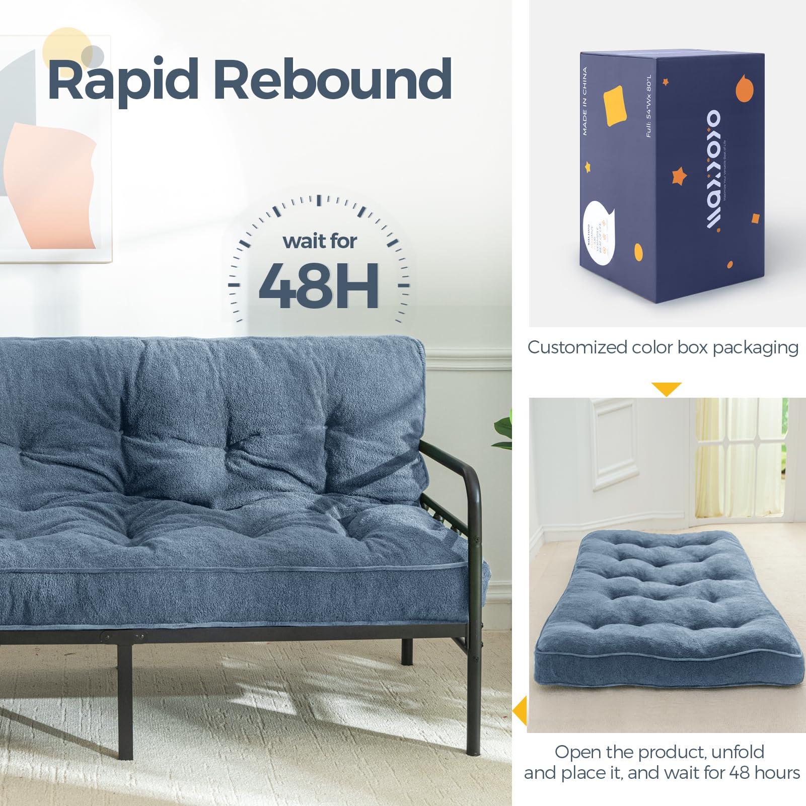 MAXYOYO 6 Inch Full Size Futon Mattress - Thick Boucle Sofa Bed with Shredded Foam Filling for Adults, Dusty Blue | Perfect for Guest Rooms, Dormitories, Small Apartments & Floor Sleeping