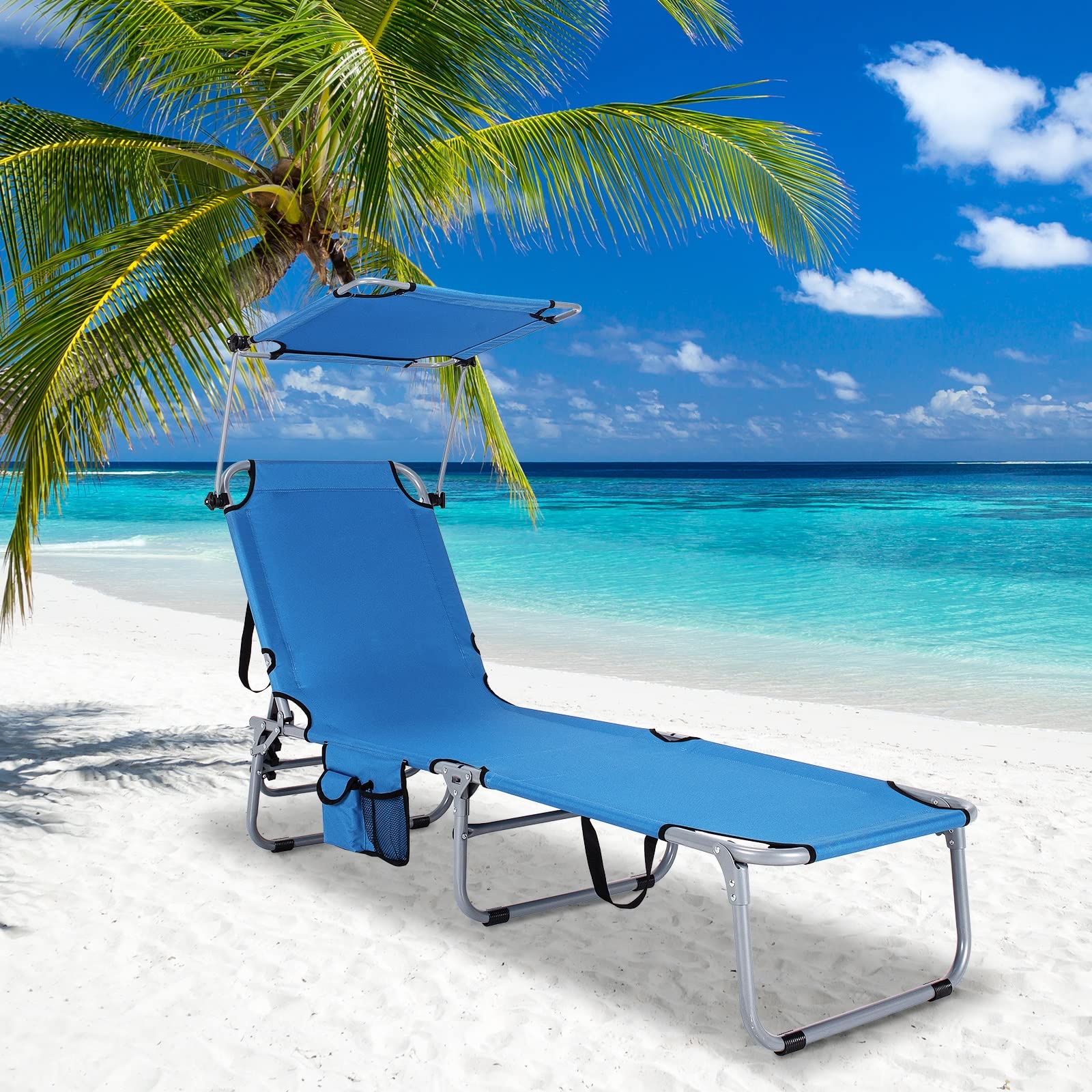 Tangkula 5-Position Folding Reclining Beach Chair with 360° Adjustable Canopy & Side Storage Pocket - Portable Outdoor Lounge Chair for Beach, Pool, Patio, Backyard, Camping & Sunbathing (Navy Blue, 2 Pack)