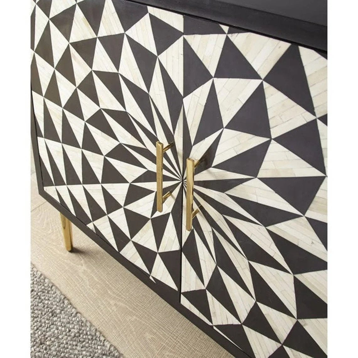 Handmade Black and White Bone Inlay Entryway Bar Cabinet with Two Doors - Stylish Storage for Liquor, Glassware & Home Decor in Hallway, Living Room or Dining Area