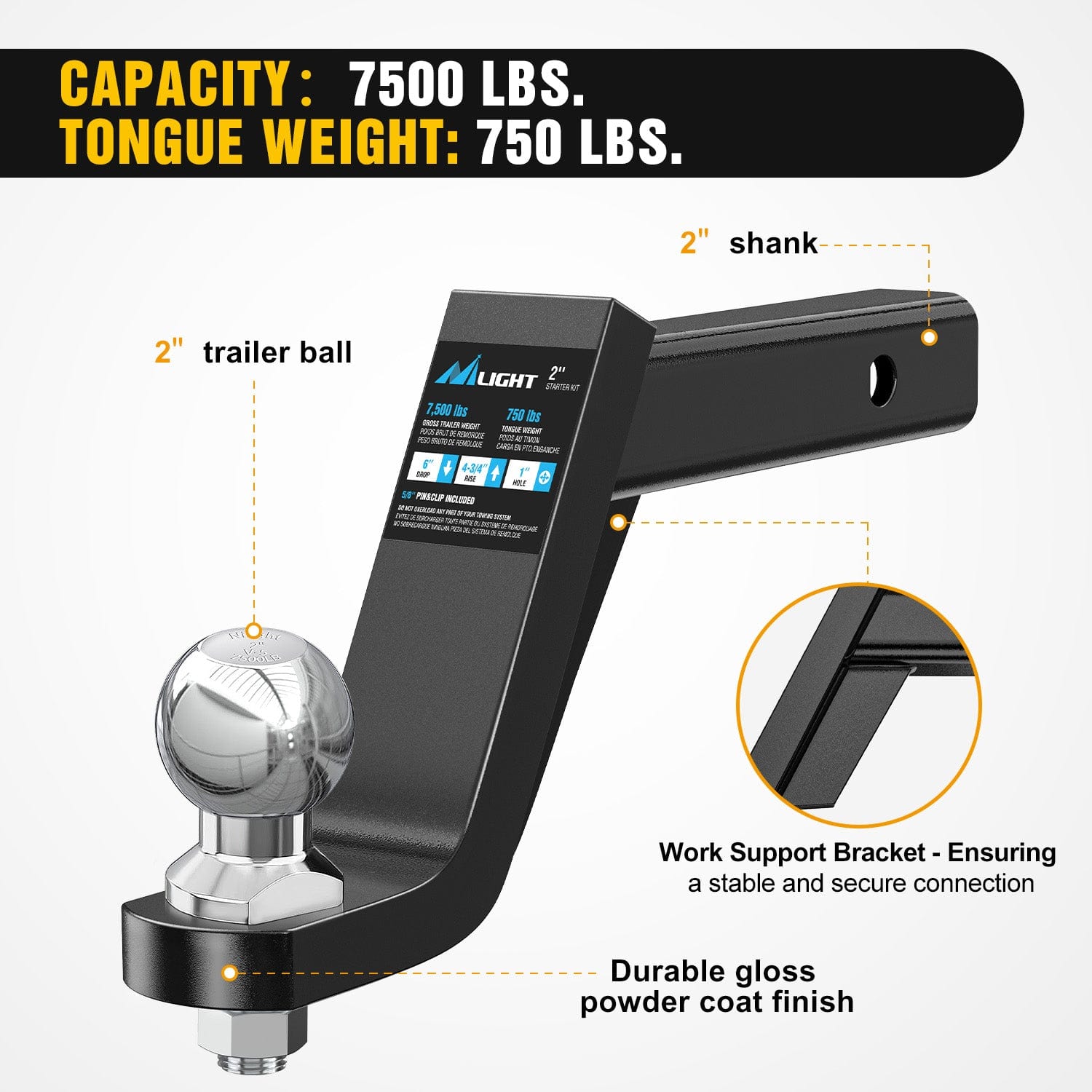 2-Inch Trailer Hitch Ball Mount with 5/8-Inch Hitch Pin Clip - 7500 lbs Capacity, 6-Inch Drop & 4 3/4-Inch Rise - Fits 2-Inch Square Receiver - Gloss Black Powder Coat - Perfect for Towing Trailers, Boats & Campers