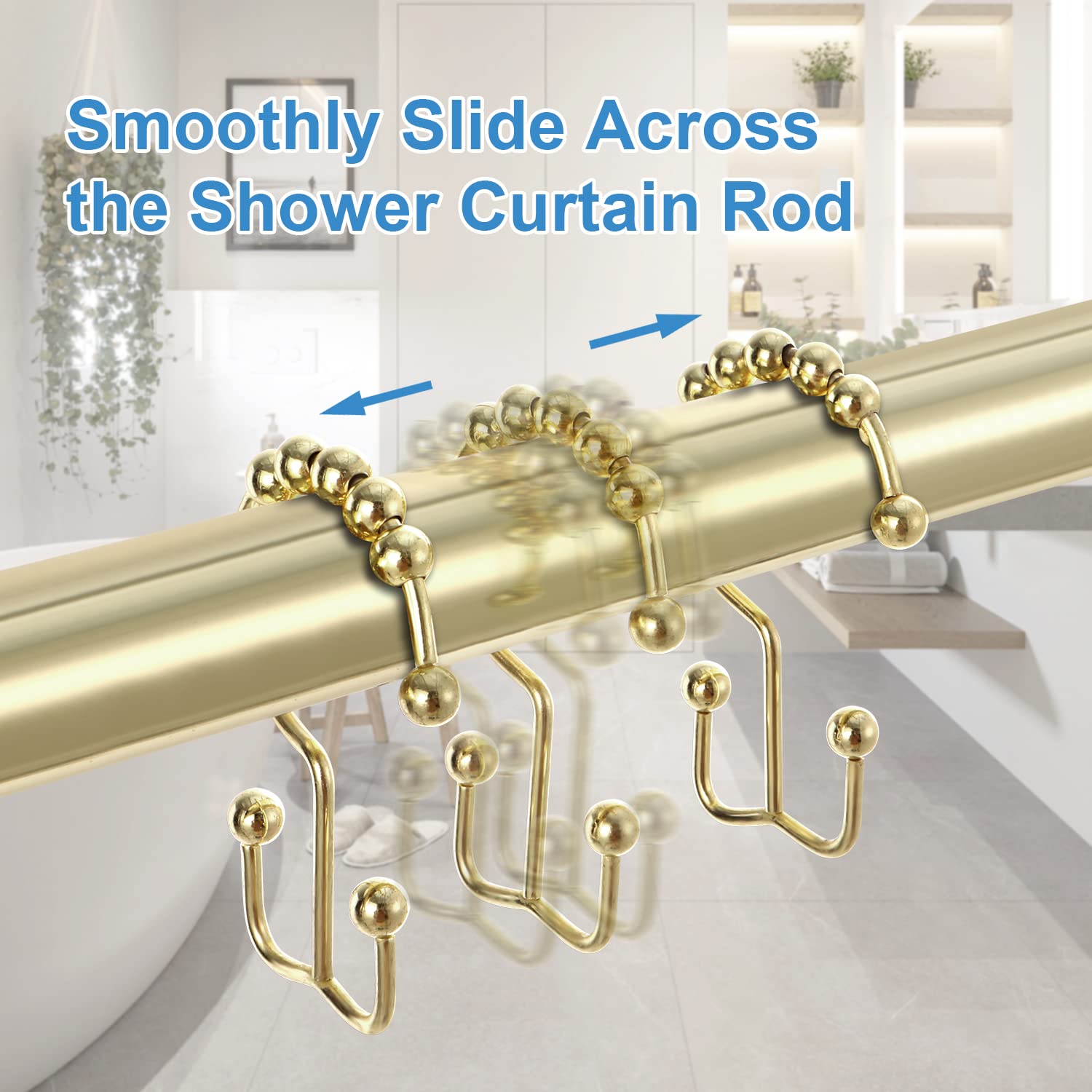 TENOVEL 12-Pack Gold Stainless Steel Shower Curtain Hooks - Double Sided Rust-Proof Bathroom Hangers for Shower Rods & Curtains - Durable Decorative Hooks for Bathroom, RV & Dorm Use
