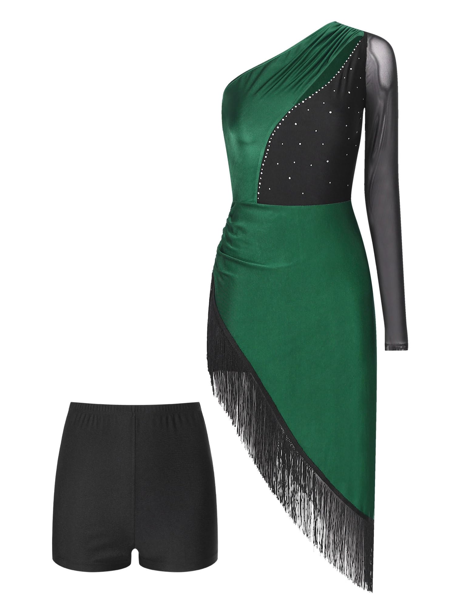 FEESHOW Women's Latin Dance Dress with Fringe & Irregular Hem - Ballroom Tango Salsa Performance Costume with Built-in Shorts | Perfect for Dance Competitions, Performances & Practice