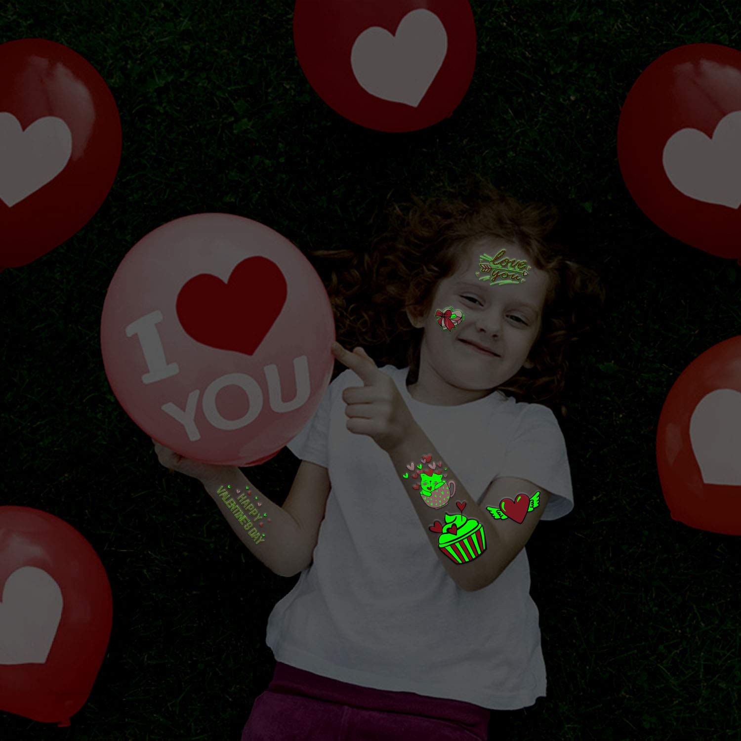 Glow in the Dark Valentine's Day Temporary Tattoos for Kids - 38 Heart Stickers for Party Favors, Classroom Exchange & Decorations - Fun Glowing Valentine Gifts for Children's Parties & School Activities
