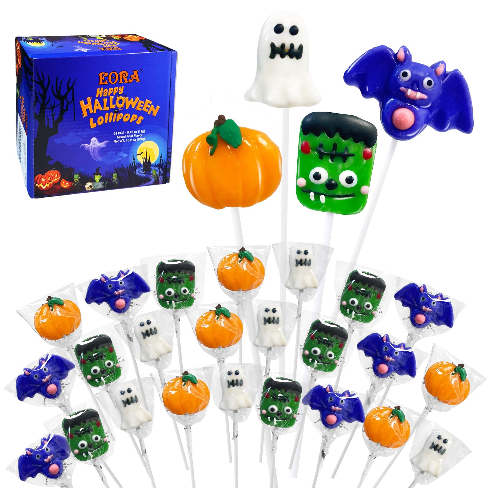 Halloween Lollipop Suckers Candy 24 Pack - Assorted Spooky Shapes (Pumpkin, Green Monster, Bat) - Individually Wrapped for Trick or Treat, Party Favors, Goody Bags & Halloween Celebrations