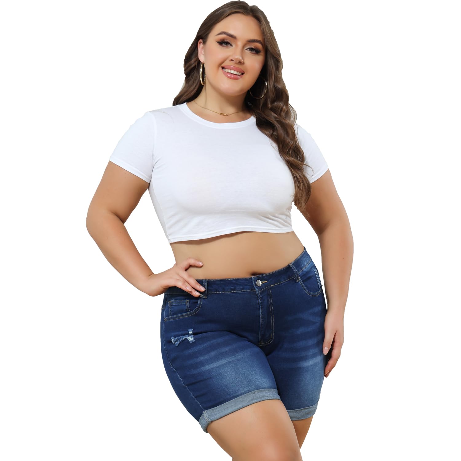 Plus Size Women's Ripped Denim Jean Shorts - High Waisted Stretchy Folded Hem Shorts for Summer | Casual Outfit, Beach Wear, Street Style Fashion