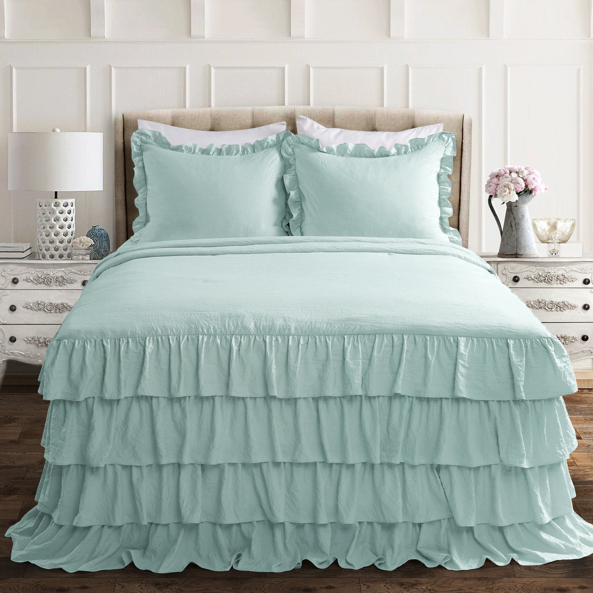 Allison Ruffle Skirt Bedspread Set - Elegant Floral Printed Queen Size Bedding with Ruffled Skirt | Perfect for Master Bedroom, Guest Room & Vacation Home Decor