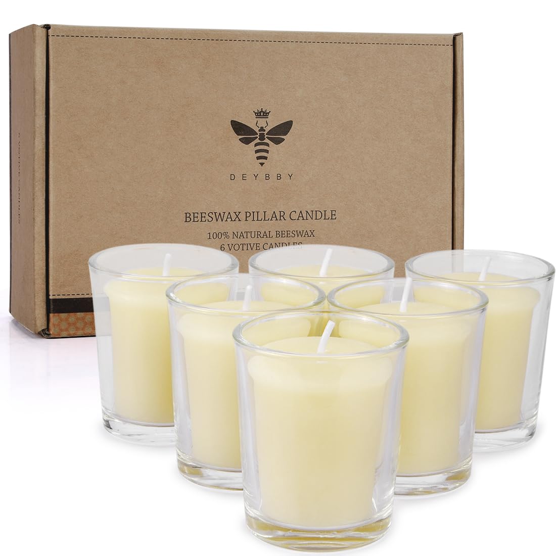 Natural White Beeswax Votive Candles - 6 Pack Set in Glass Cups | Eco-Friendly, Unscented, Hand-Poured for Home Decor, Wedding, Party, Spa & Romantic Ambiance | Perfect for Centerpieces, Aromatherapy & Relaxation